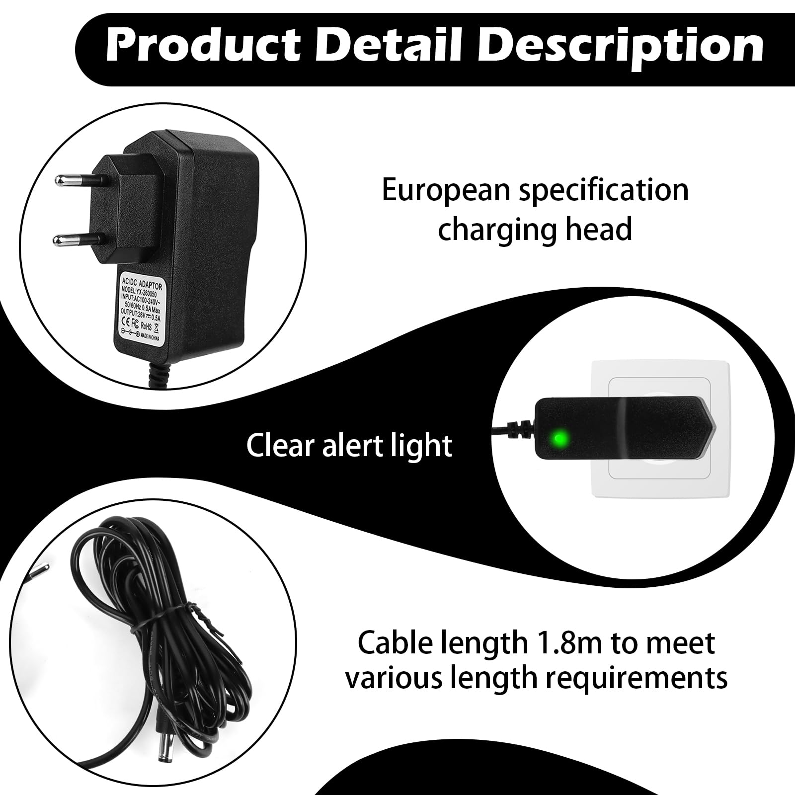 Chargeur 26V 500mA Pour Aspirateur Hoover H-Free 100/200/500/700/800 - Adaptateur Secteur Avec Câble 1,8m