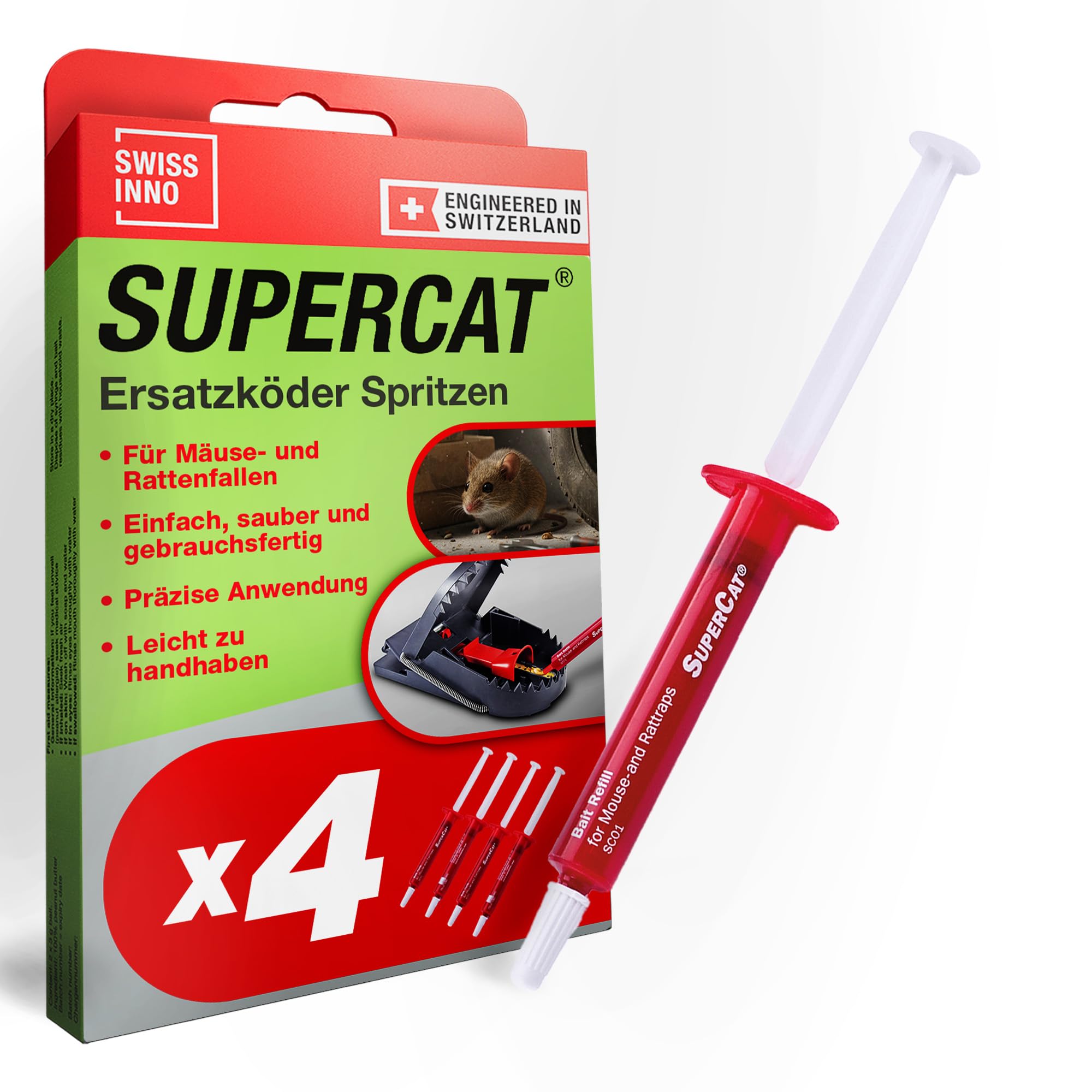 SWISSINNO SuperCat Ersatz-Köder-Spritzen mit Erdnussbutter für Mäuse- und Rattenfallen – Lebensmittel-Lockmittel mit hoher Anziehungskraft, Nachfüllköder kompatibel mit SuperCat Fallen, 4 Stück
