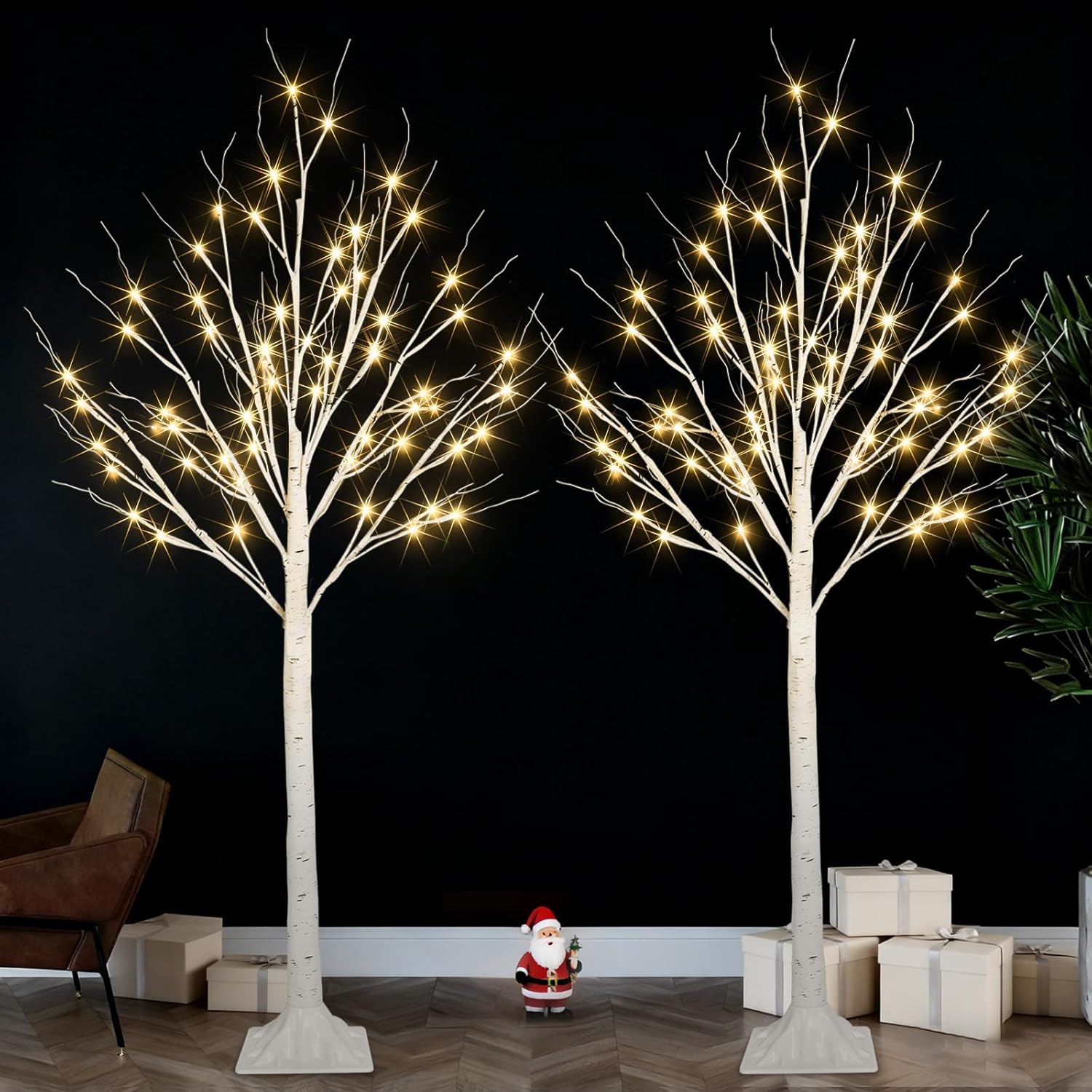 2-Pack 4FT Lighted Birch Tree for Indoor Christmas Decorations Outdoor, Higher Size, Timer Function Birch Christmas Tree with 96 LED Warm White Lights for Home Decor Bedroom Thanksgiving Party Garden