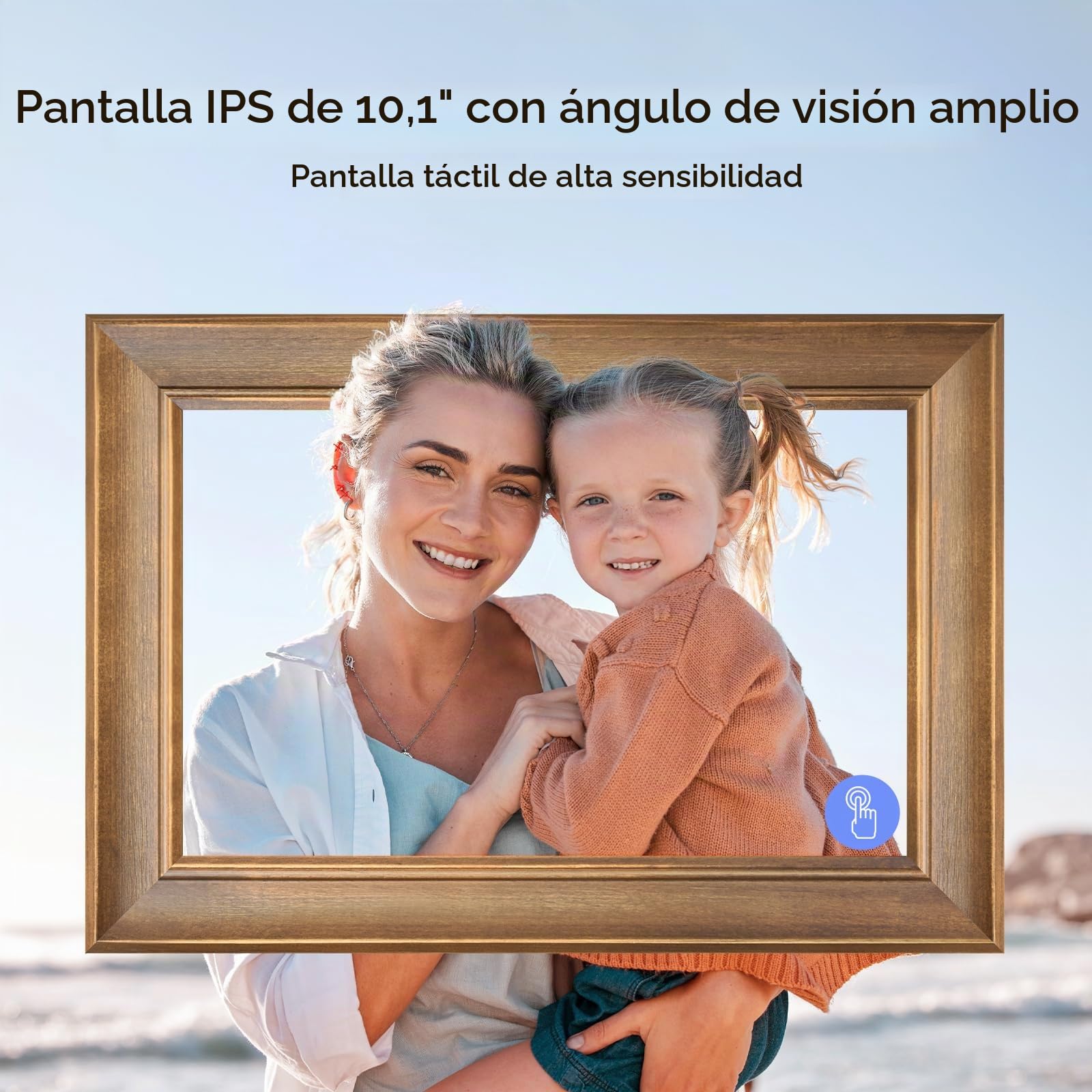 Marco de Fotos Digital WiFi Marco Digital de Foto de 10 Plgadas, IPS HD Pantalla Táctil, Smart Madera Marco para Fotos Electronico de 16GB Memoria, Auto-Rotación, Comparte Fotos/Videos Via App