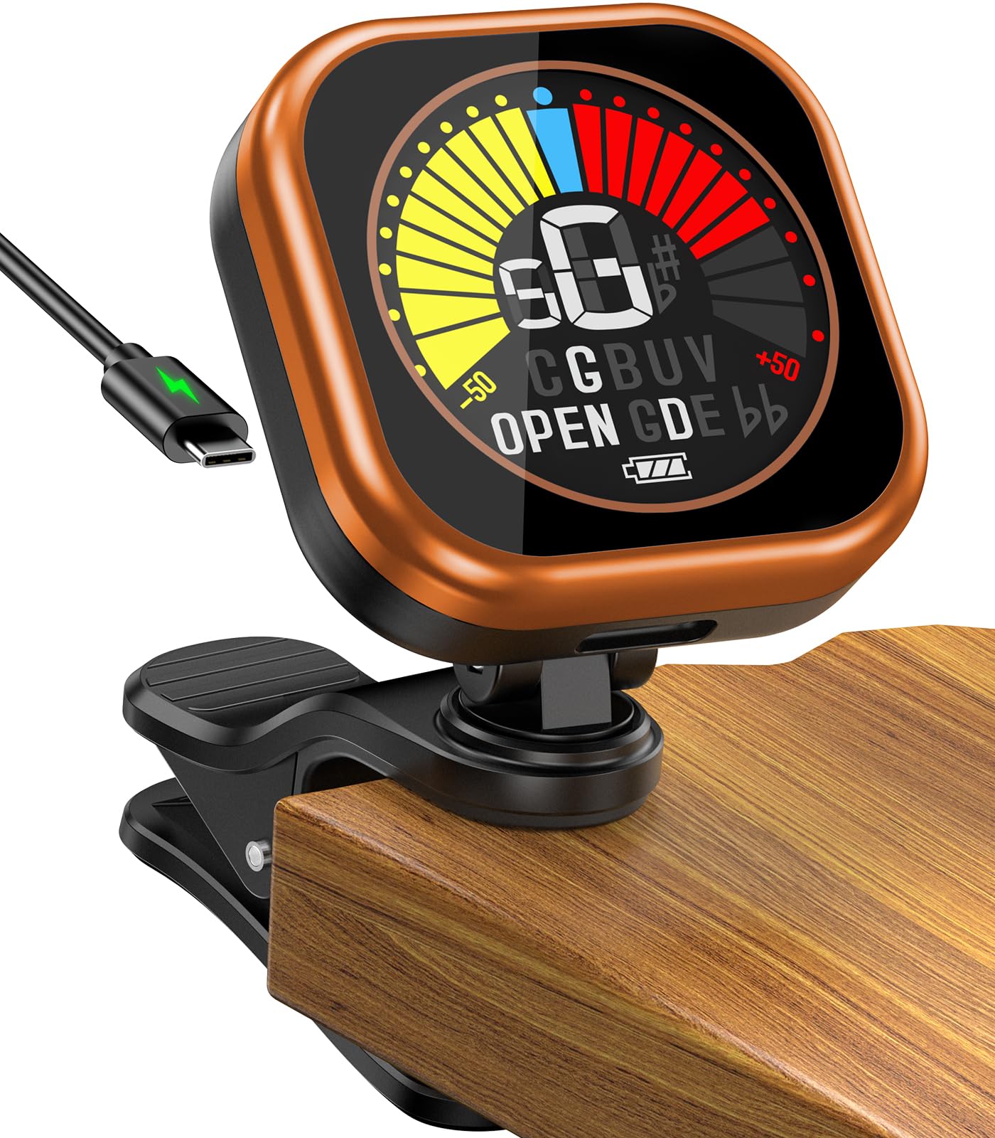 New Bee Guitar Tuner Clip-On Rechargeable with Color Screen 360° Rotatable Acoustic Chromatic Open Tuning for Guitar, Bass, Ukulele, Violin (Orange, 1 Pack)