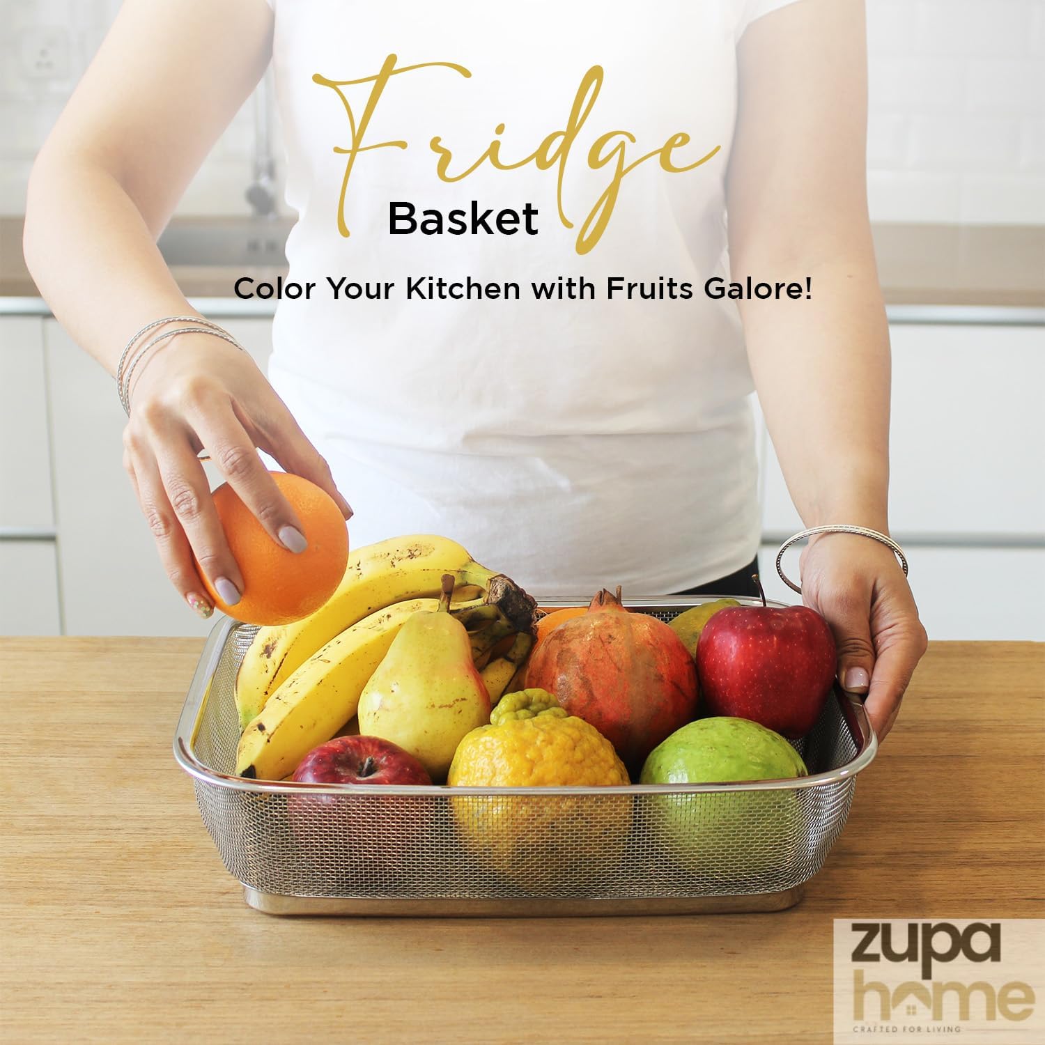 Zupa Rust-Proof Stainless Steel Rectangular Strainer & Storage Basket | Multipurpose Fruit, Vegetable & Fridge Organizer (Silver) | 32 X 24 X 7 CM