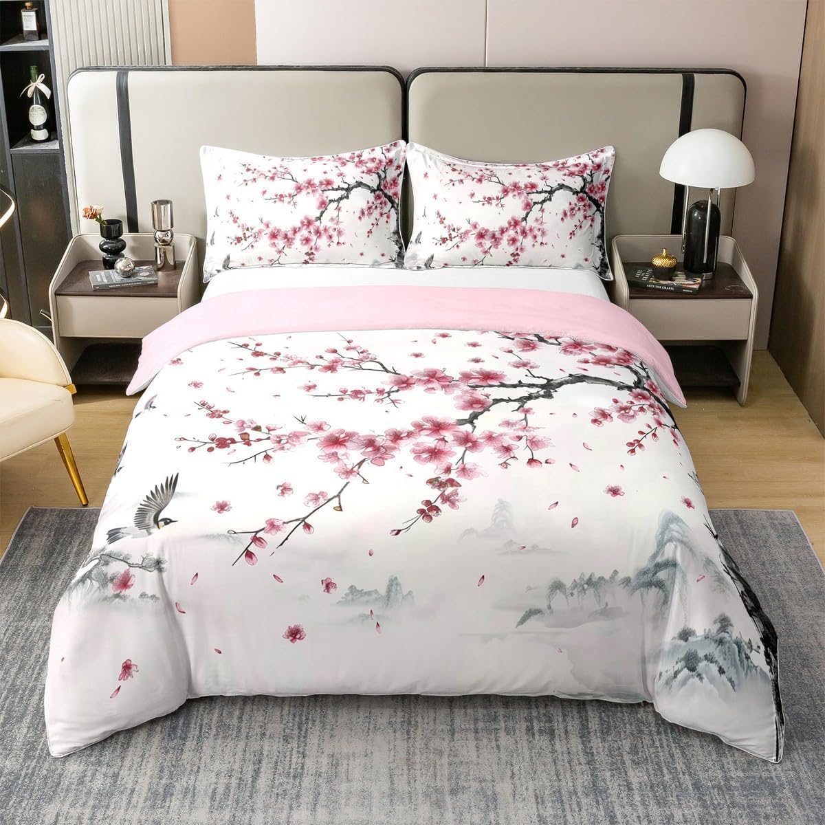 Housse de couette 200x220 parure de lit 2 personnes 3D fleurs de cerisier design haut de gamme