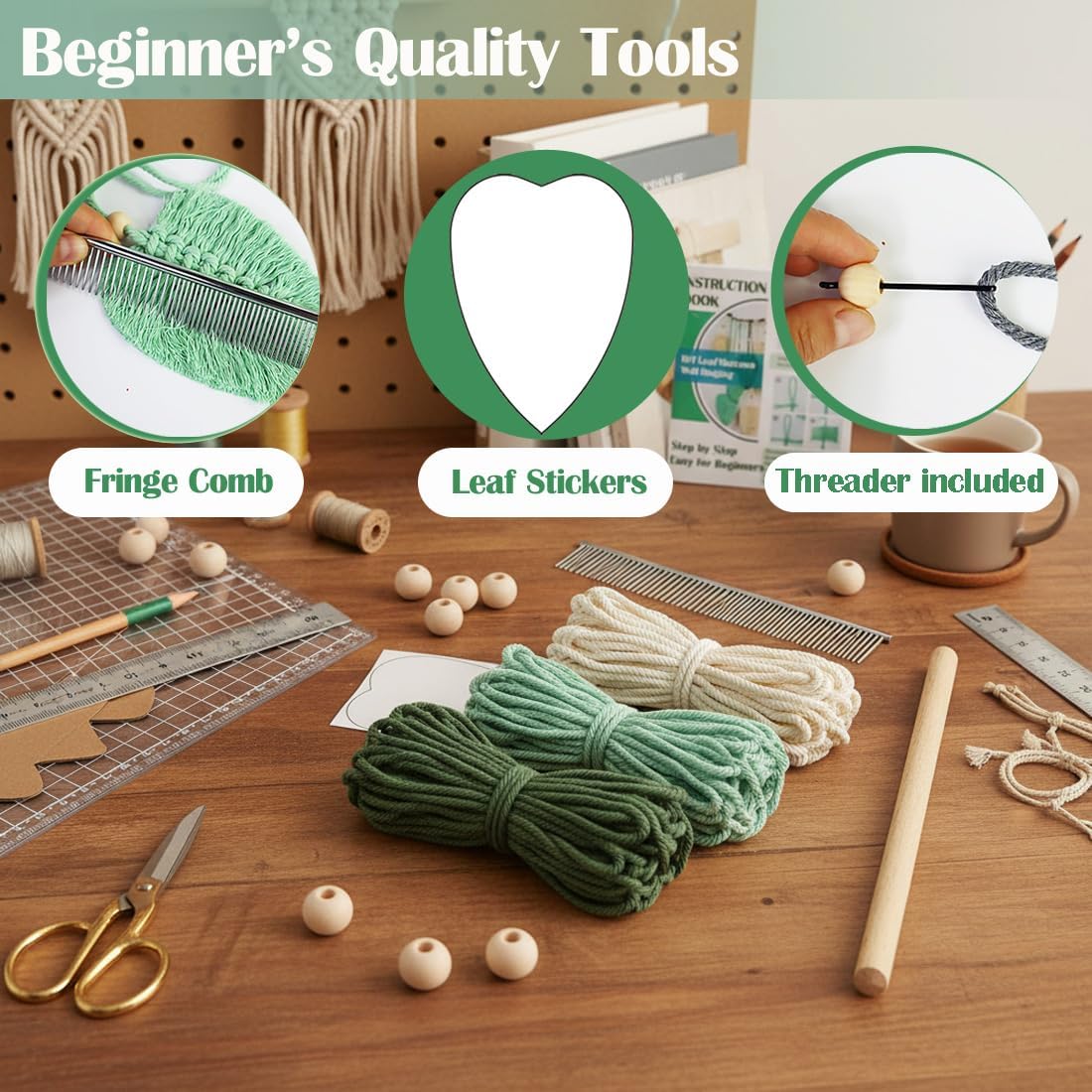 Ewparts Macrame Wall Hanging Kit for Adults Beginner with Instruction Book | 3mm Cord with Fringe Comb, Threader & Leaf Template, Complete DIY Wall Decor Set for Beginners, Boho Craft Kit for Adults