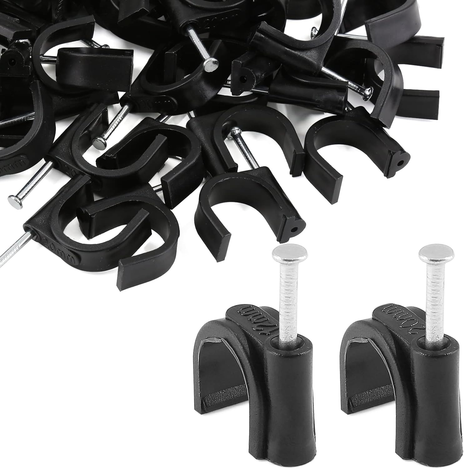 100 Pieces Half Clamps J-Hook with Nail, 1/2 & 3/4 Inch Black Pex Support Holder for Tubing Pipe Fixing Wire 12mm & 20 mm