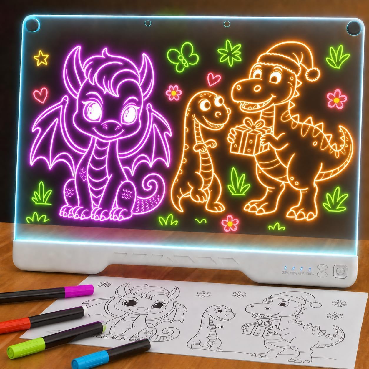 Upgraded 16-Inch LED Drawing Board Rechargeable – 7 Colors, 10 Lighting Effects, Adjustable Brightness – Acrylic Light Board for Tracing with Stand, Markers & Complete Set – Birthday Gift Idea (White)
