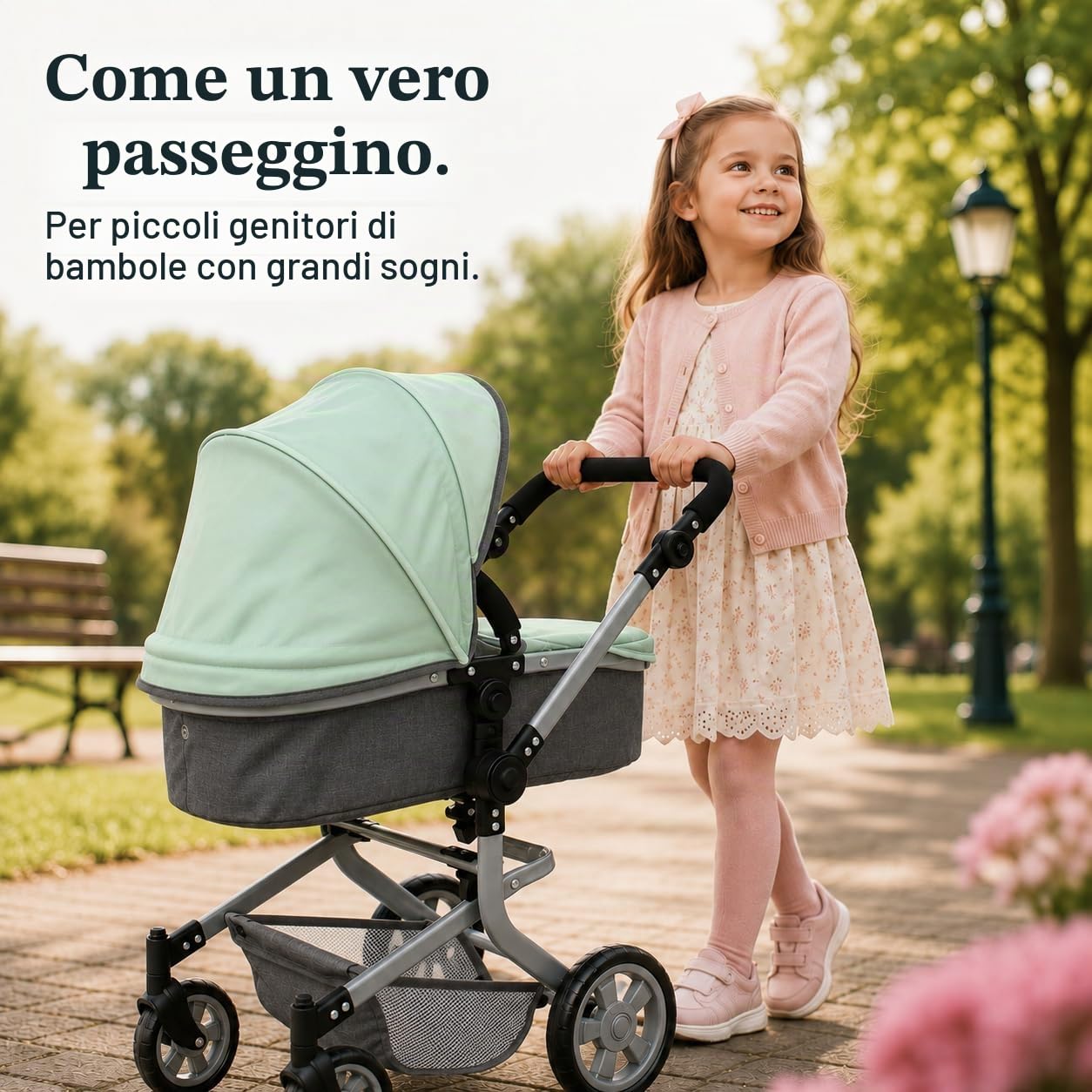 Bayer Chic 2000® Passeggino per bambole Mika 2 in 1, Melange Minta, pieghevole, manico regolabile in altezza 47-80 cm, telaio moderno, bambole fino a 52 cm, 4-8 anni
