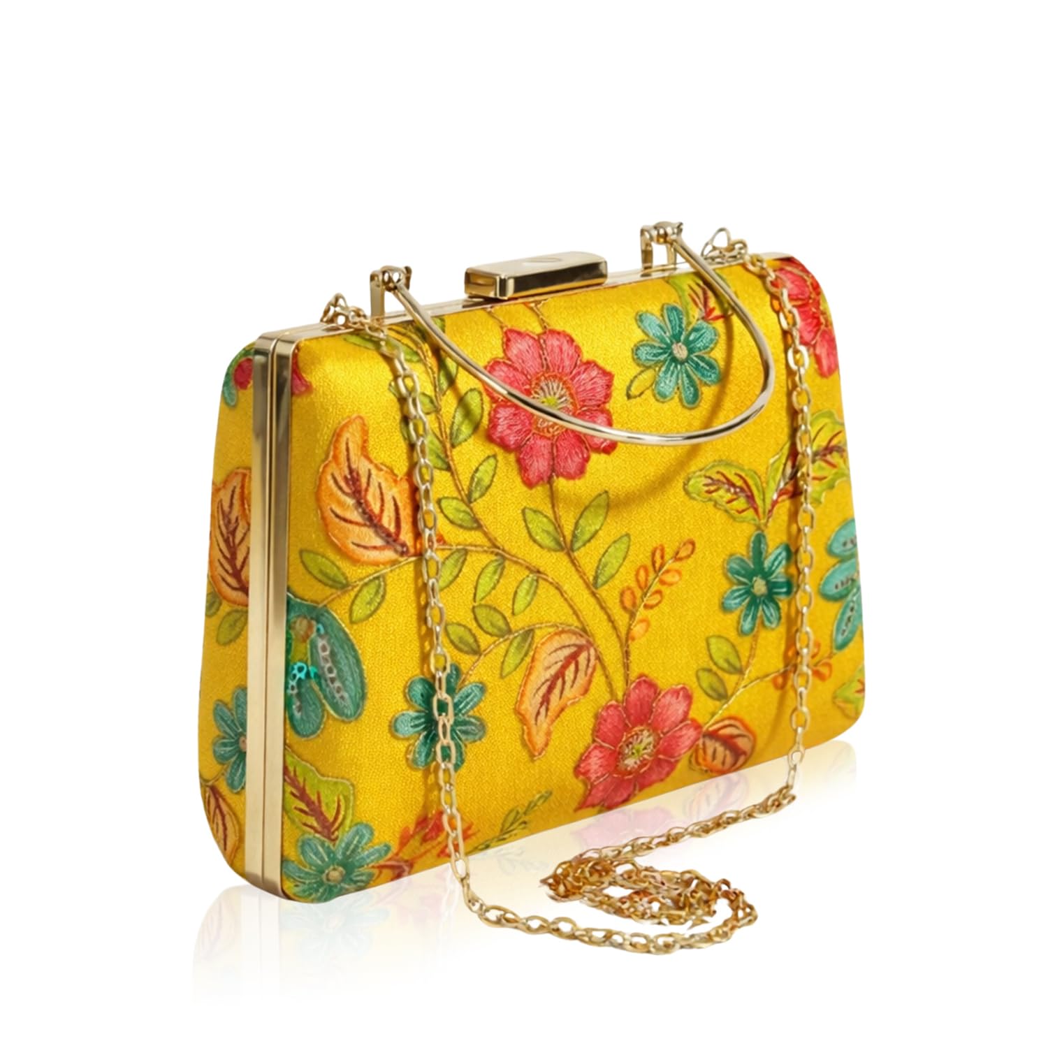 artklim Mustard Yellow Floral Embroidered Clutch-picture-29