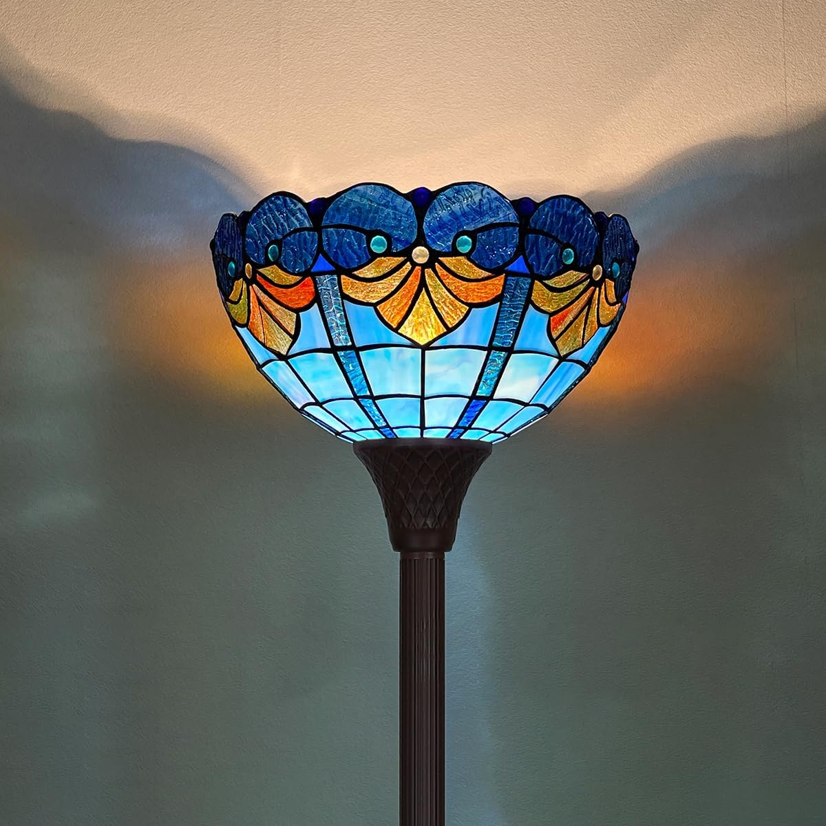 Tiffany Floor Lamp Torchiere Lamp - 70" Tall Antique Style Stained Glass Standing Corner Torch Light for Living Room, Bedroom & Home Office