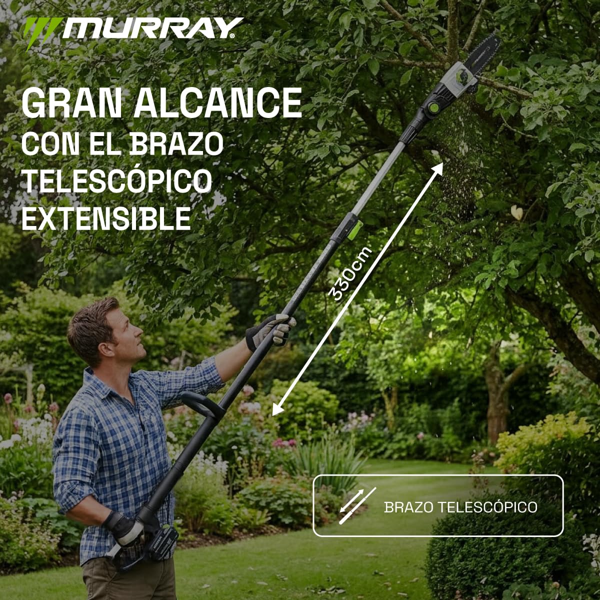 Murray Cortasetos & Motosierra Telescópica 2-en-1 con Batería MU-Bat-MM-CSHT-Kit – 20V, 3Ah, Hoja de Corte 40 cm, Guía de Sierra 20 cm, Sistema SDS, Inclinable, Alcance 330 cm