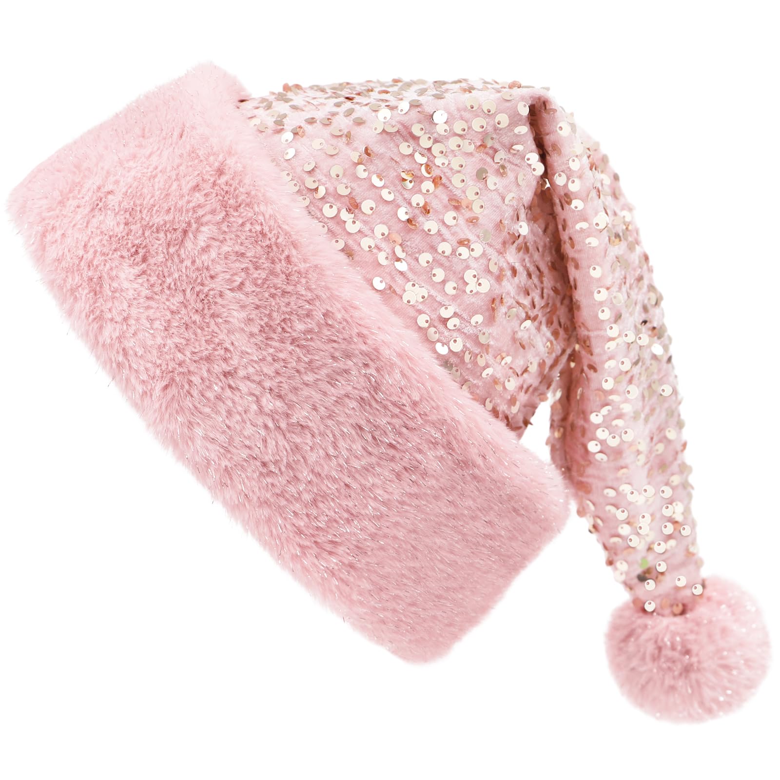 QTKJ Pink Sequin Santa Hat, Christmas Hats, Soft Velvet Fabric and Fluffy Plush, Xmas Gifts for Women and Men, Xmas Hat Suitable for New Year, Party,