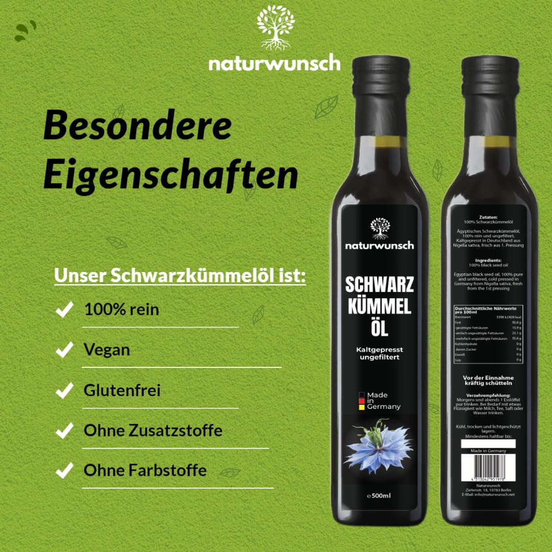 naturwunsch Nigella Sativa Huile de nigelle 500 ml, non filtrée, pressée à froid, fabriquée en Allemagne