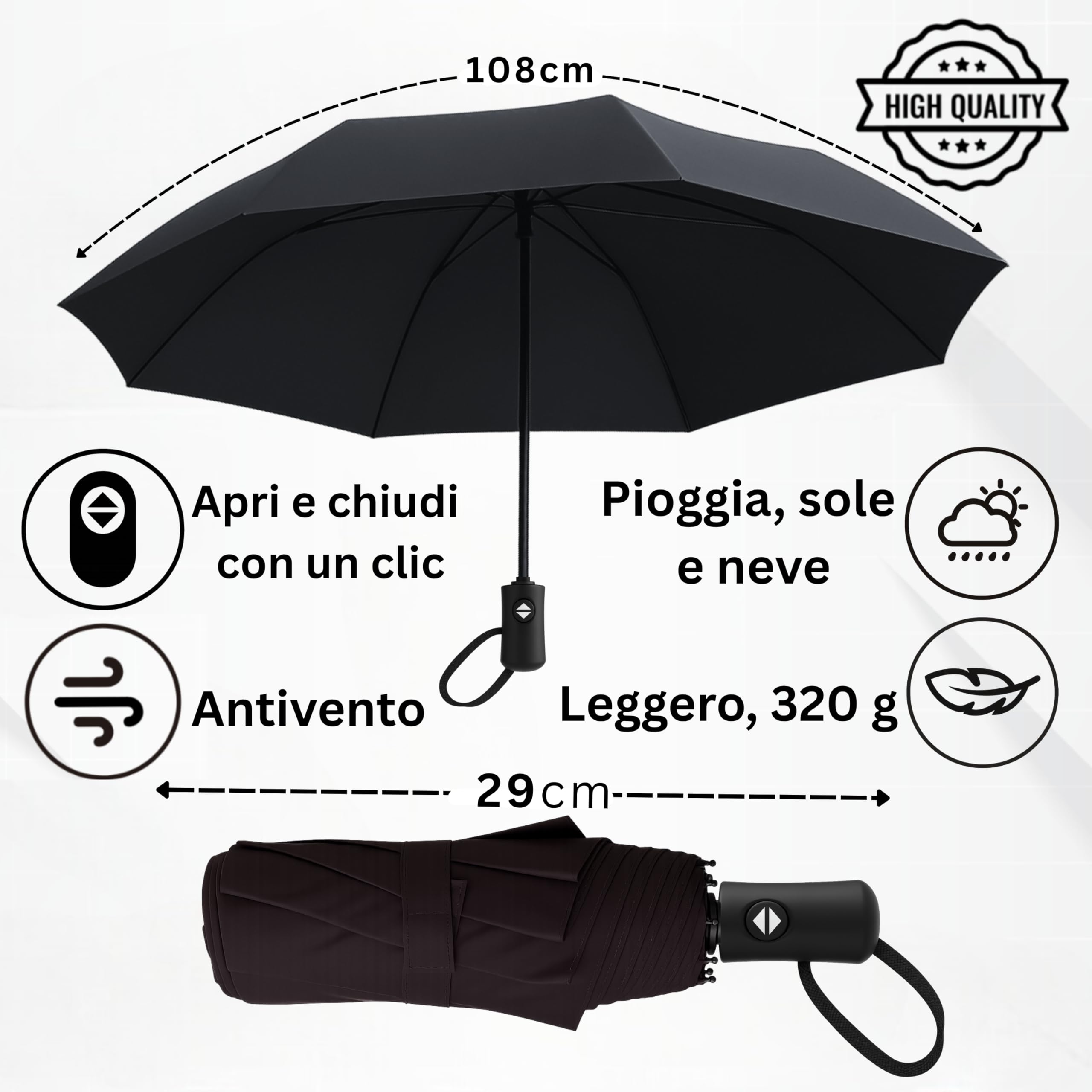 Ombrello pieghevole I apertura e chiusura automatica I resistente al vento, impermeabile e compatto I ombrello da viaggio leggero con manico antiscivolo I perfetto per uomo e donna I Drytogo