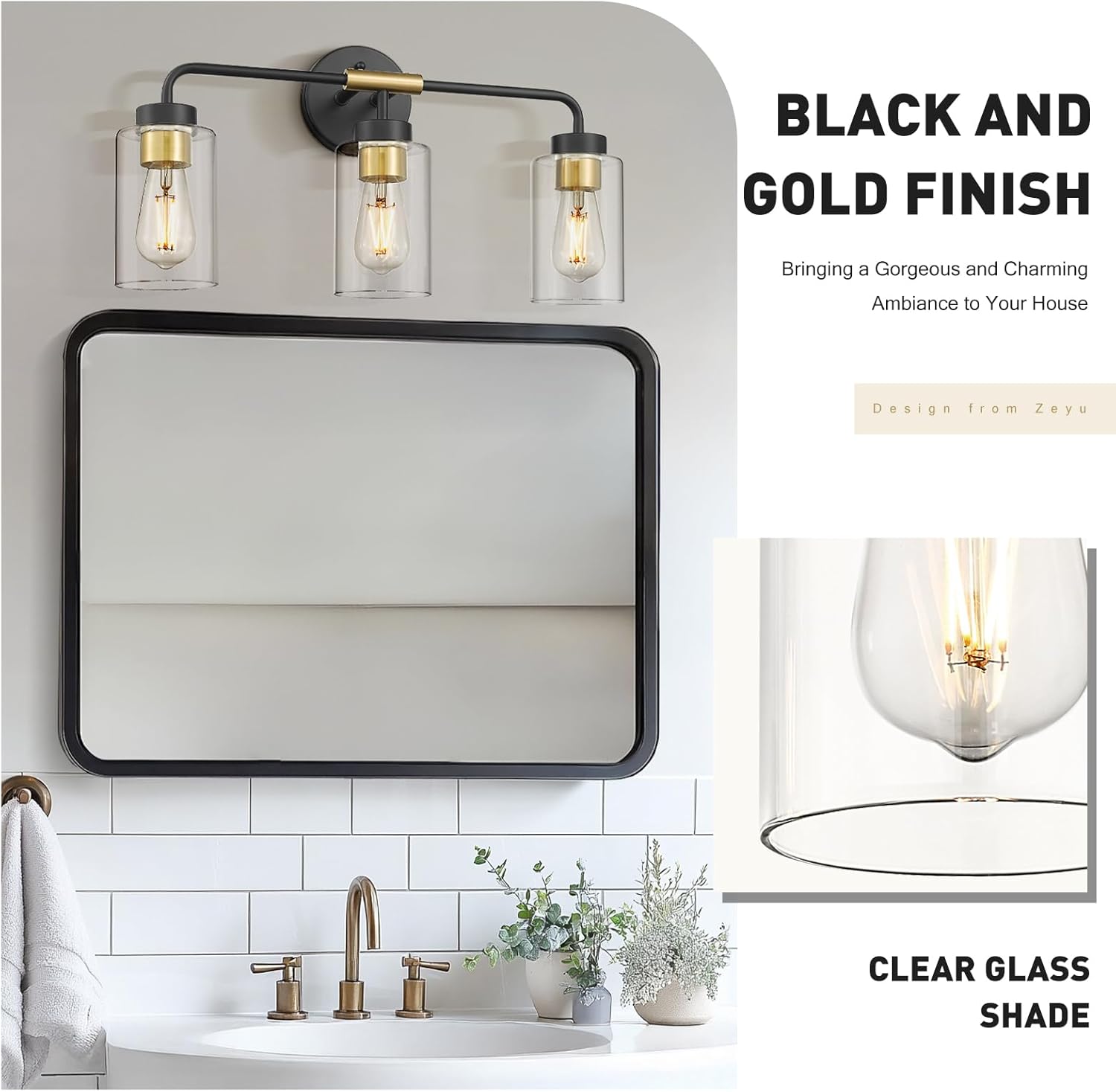 zeyu 3-Light Farmhouse Vanity Lights for Bathroom, 21 Inch Industrial Bath Wall Light Fixtures with Clear Glass Shade, Black and Gold Finish, ZS62B-3W BK+BG
