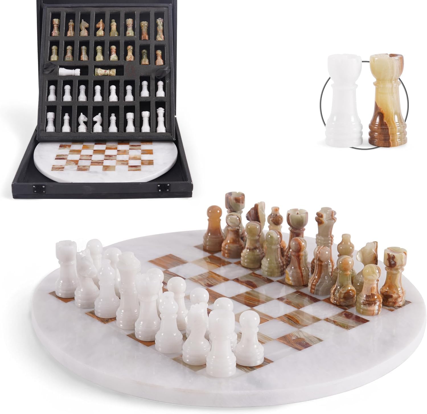 Earthentones Marble Chess Set for Adults with Complementary Storage Box, 12" White & Green Handmade Chess Board Game, Elegant Board Games for Adults, Luxury Chess Set
