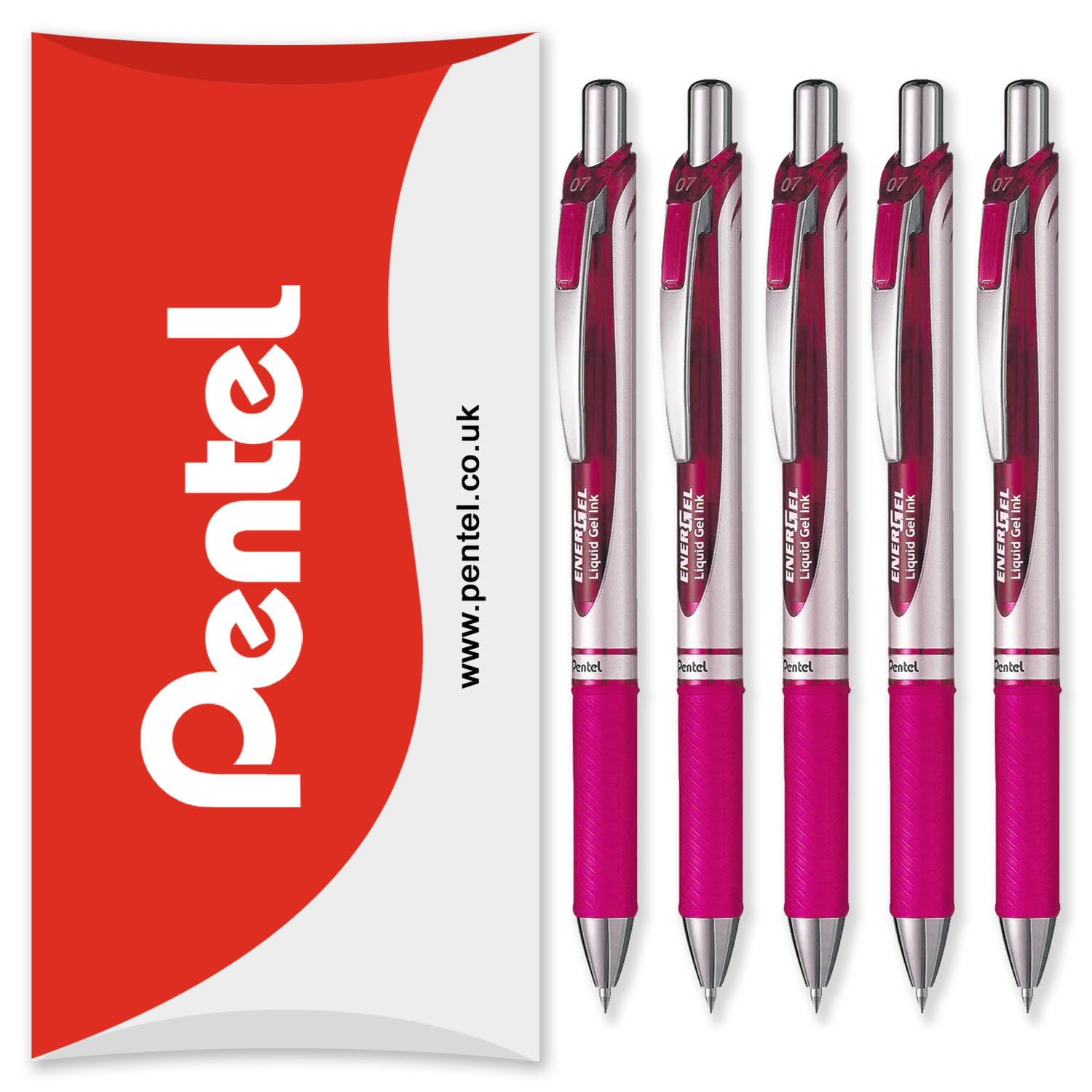 Pentel EnerGel XM BL77 - Retractable Liquid Gel Ink Pen - 0.7mm - 54% Recycled - In Envelope Gift Packaging (Pink Pack of 5)