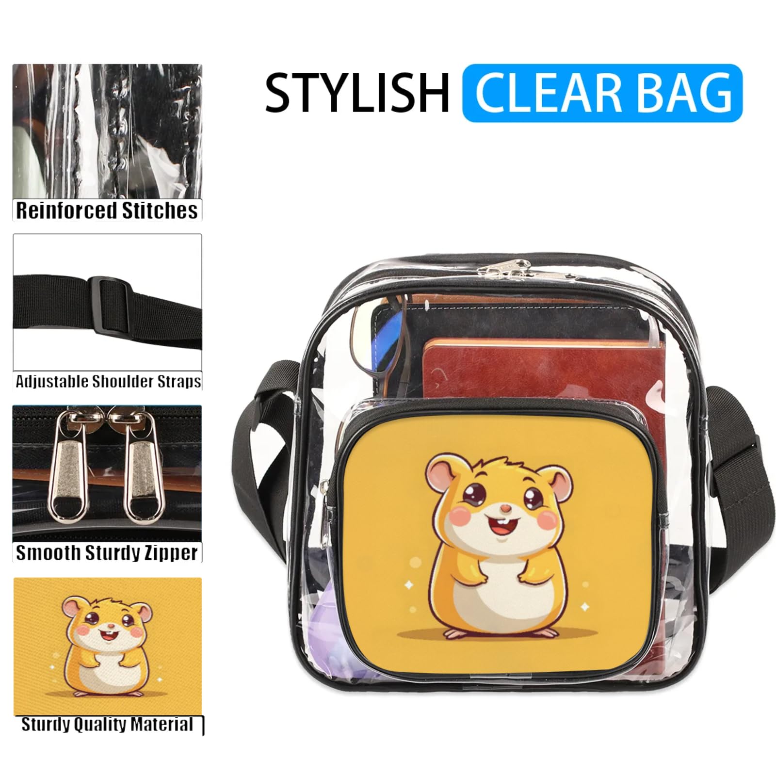 Clear Crossbody Bag Stadium Approved Hamster Cute Transparent Bag for Festivals, Sports Events, Concerts,Beach Bag for Women Men Clear Purse with Front Pocket Messenger Bag with Adjustable Strap
