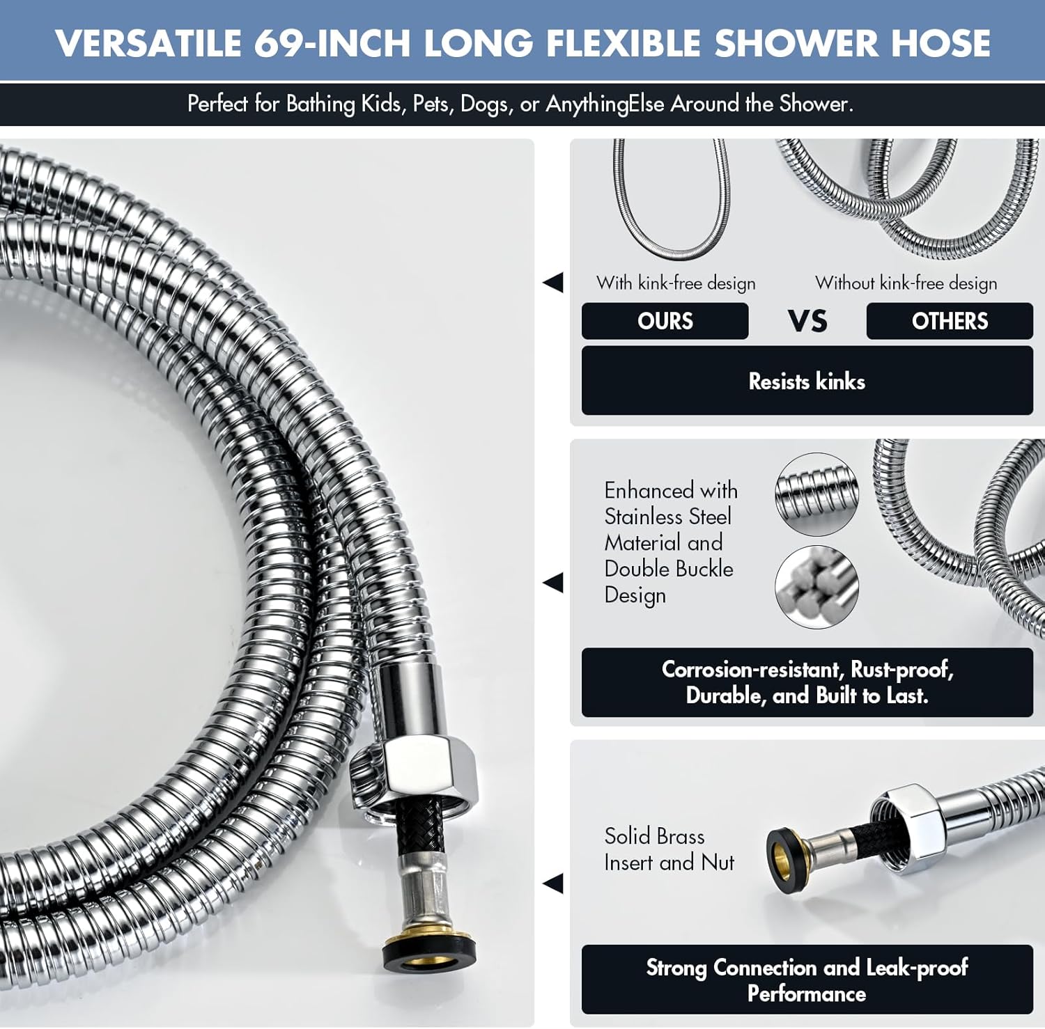 Adjustable Shower Slide Bar with 5-Function Handheld Shower Head, Stainless Steel Grab Slide Bar Combo with Extra Hose (Chrome)