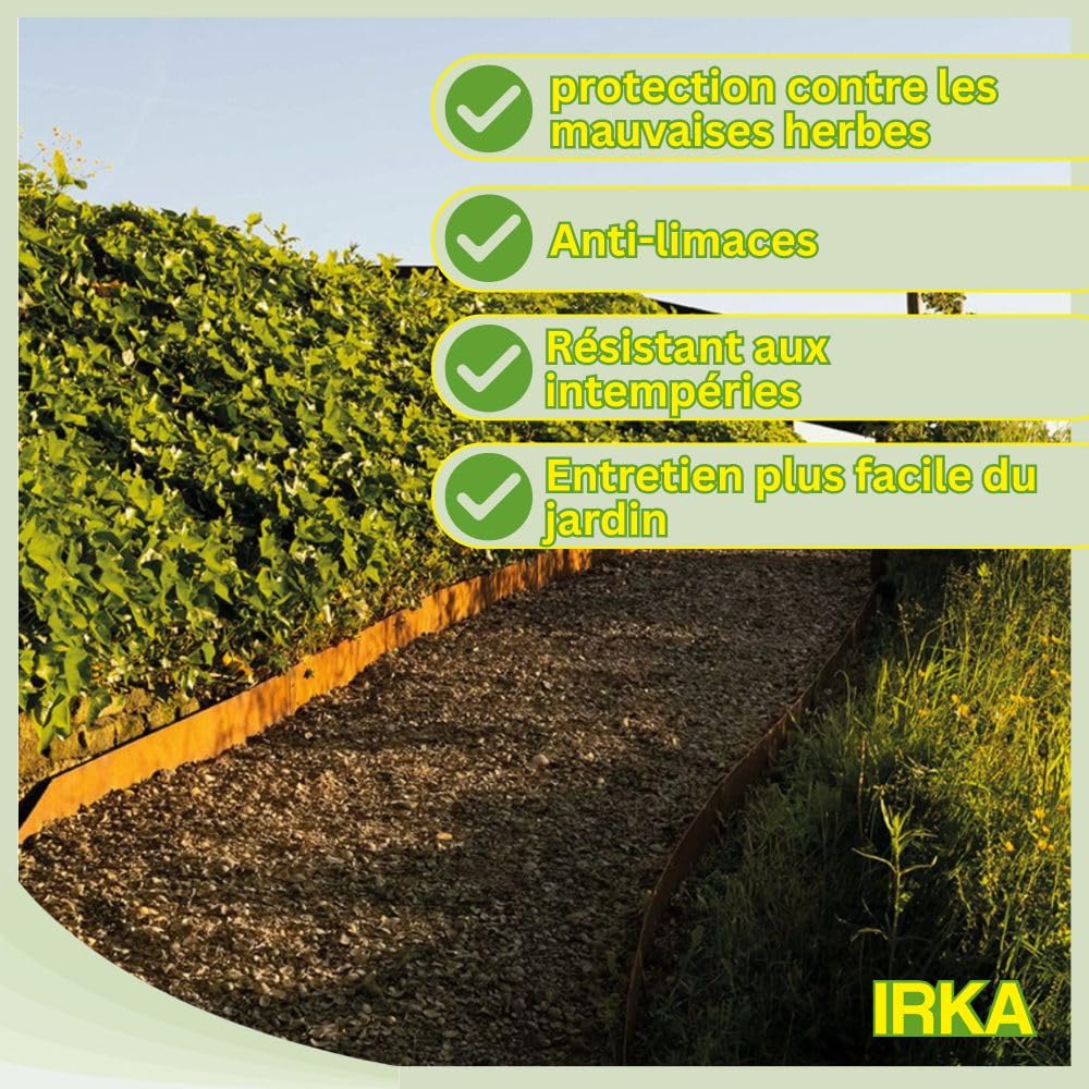 IRKA Bande de Bordure de Gazon Acier Corten 20 cm x 10 m | Bordure de parterre flexible, épaisseur 1 mm, pour le jardin, délimitation et encadrement des parterres