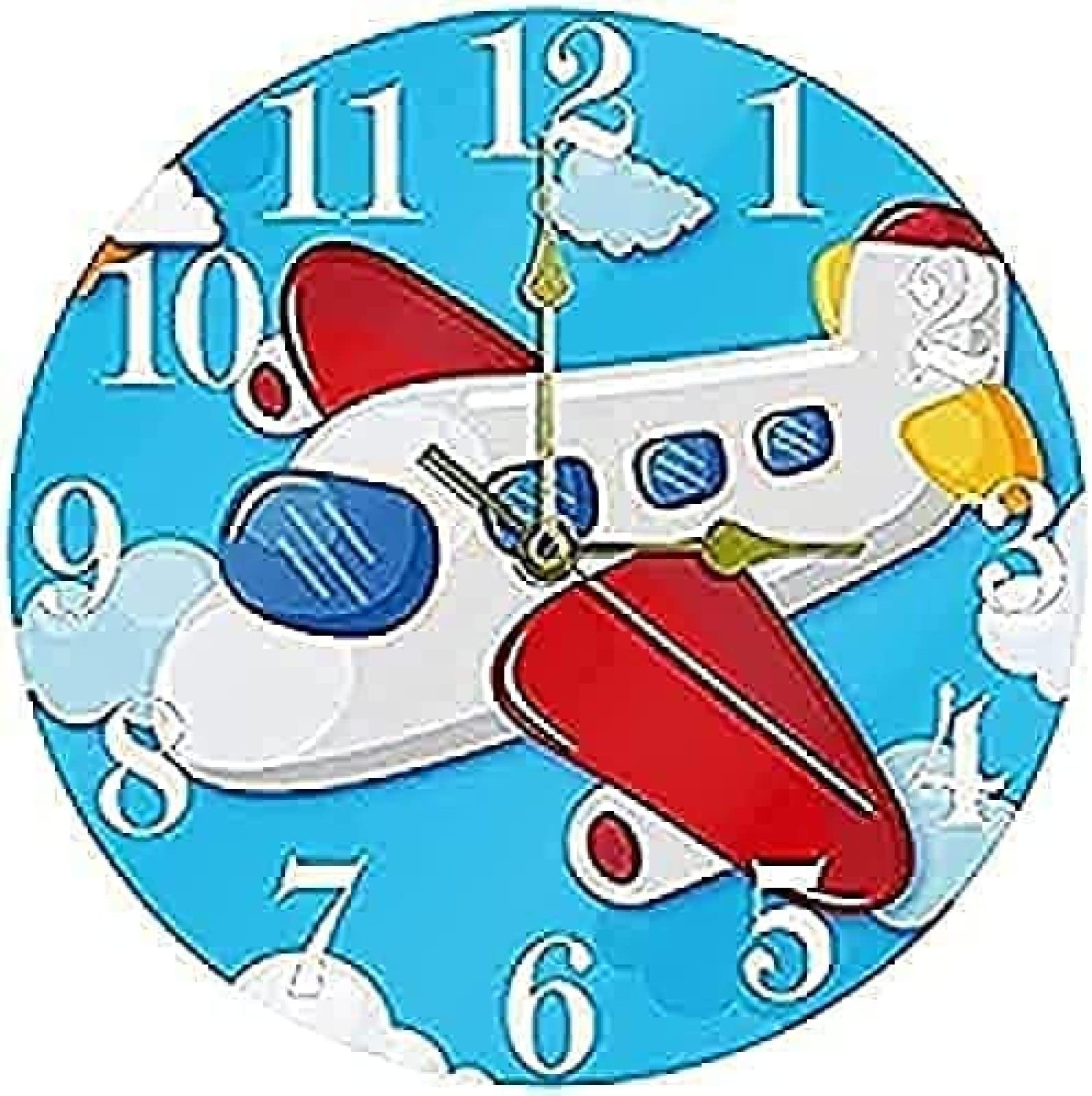 Horloge murale bleu dessin animé avec motif avion de 12 pouces pour chambre garçon