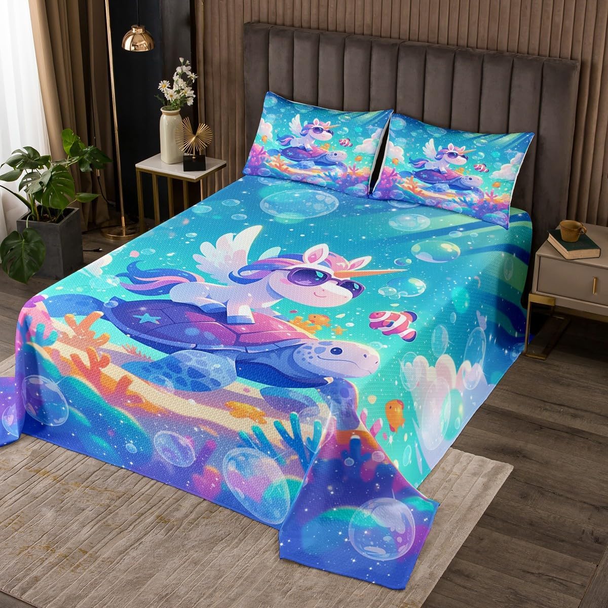 Homewish Cute Dinosaur Kids Bedspread Queen Size,Universe Planet Bedding Set for Boys Girls Room Decor,Star Hand Drawn Cartoon Animal Quilt 3Pcs,Outer Space Polka Dot Blue Coverlet Set,2 Pillowcases