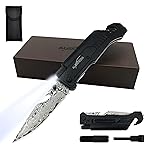ALBATROSS 6-in-1 Modern Damascus Steel Folding Pocket Knives with LED Light,Seatbelt Cutter,Glass Breaker,Magnesium Fire Starter,Bottle Opener;Multi-Function Emergency Tool(Black-DA)