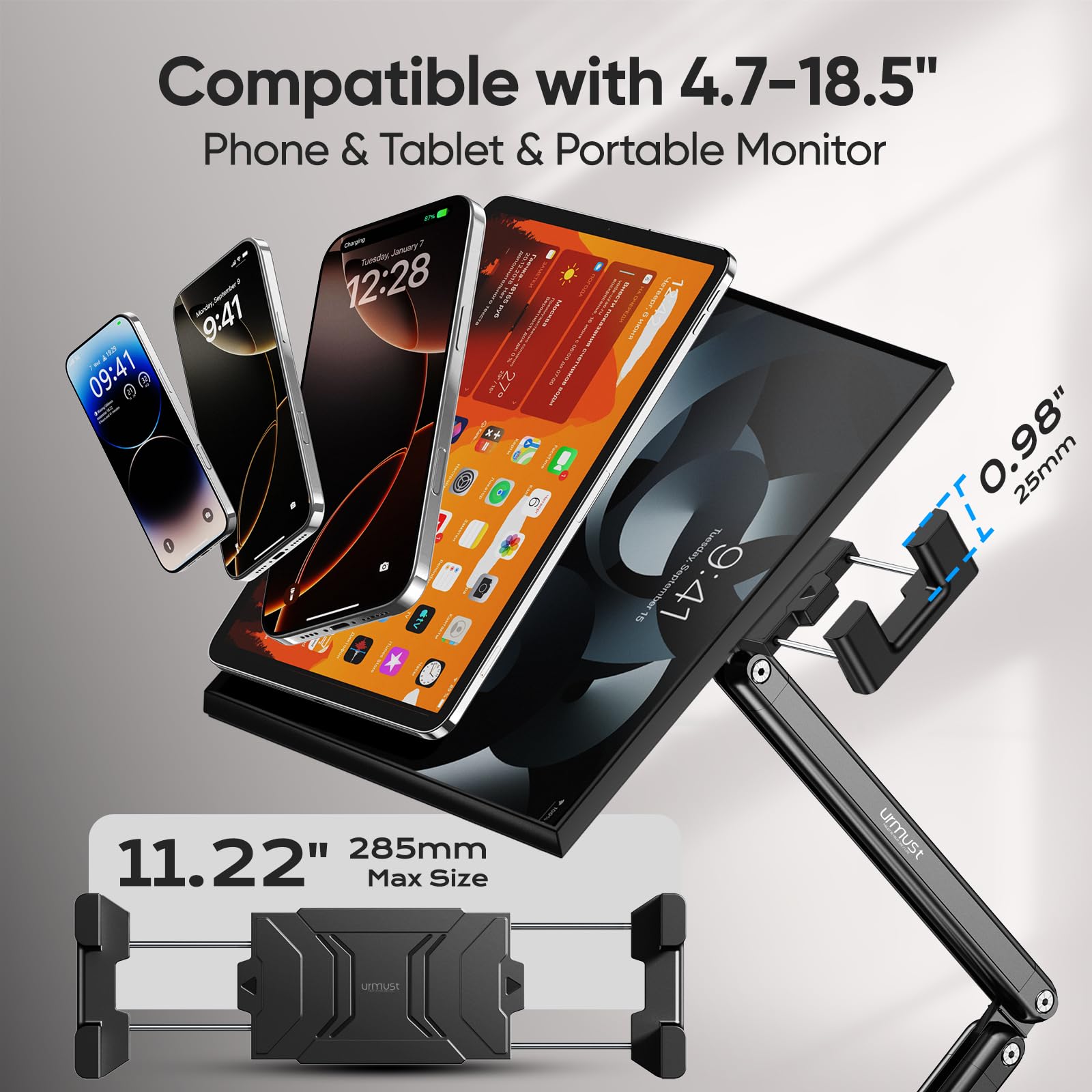 Urmust Tablet Halterung Höhenverstellbarer Aluminium Tablet Armhalterung mit 360° drehbarer Metallbasis, iPad Halterung Tisch kompatibel mit iPad Galaxy Tab Kindle & Monitor Halterung von 4.7" - 15.6"