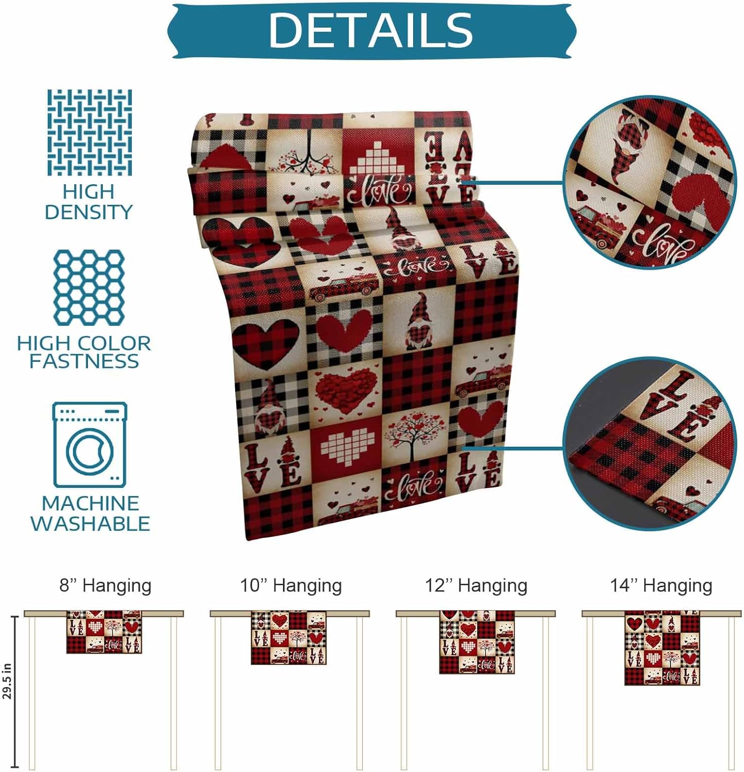 Valentines Day Truck Burlap-Cotton Table Runner 120 Inches Long, Gnomes Plaid Red Rustic Farmhouse Table Runners, Outdoor Dining Love Heart Holiday Tablerunner Spring Tablecloths Decor for Wedding