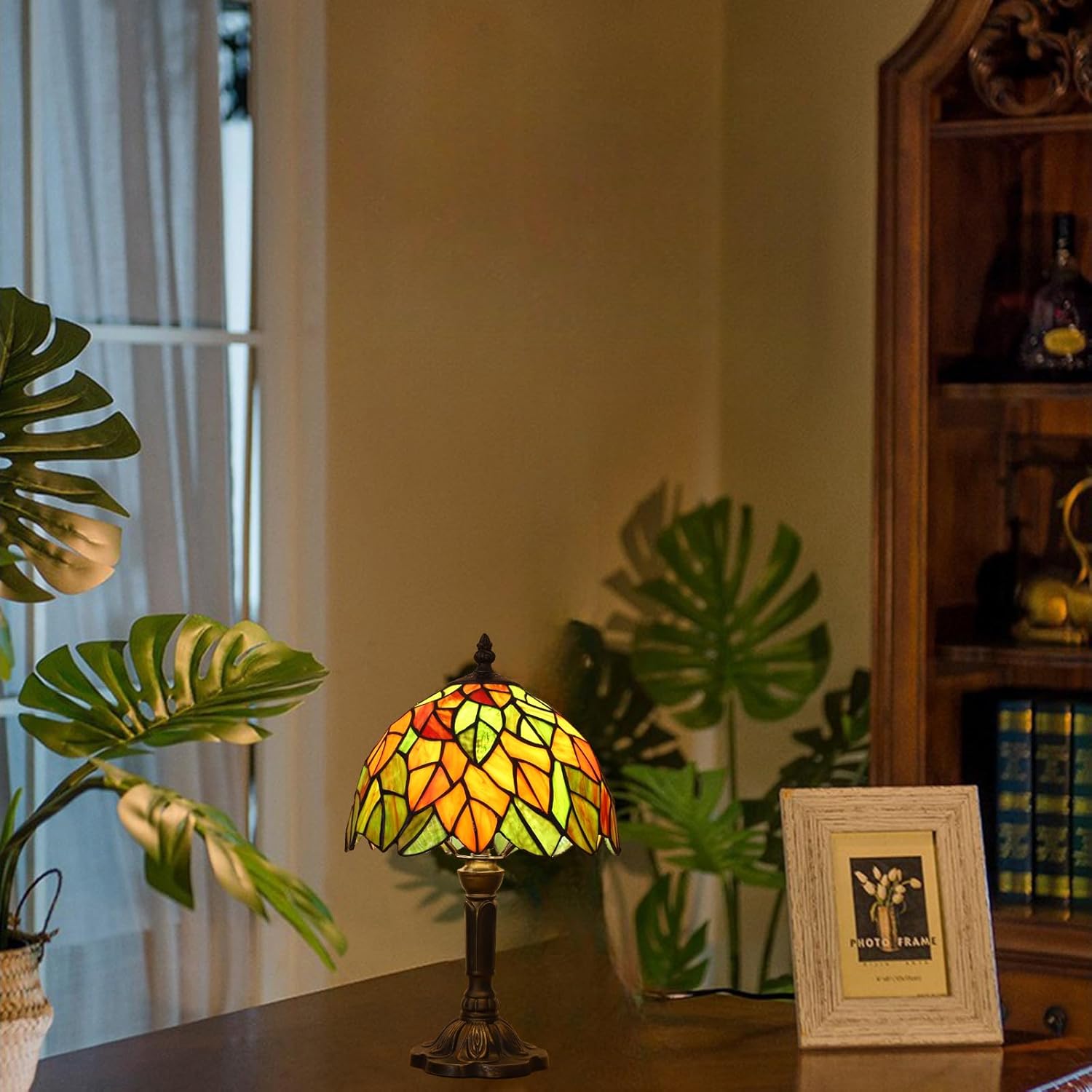 Tiffany Lamp Maple Leafs Stained Glass Bedside Nightstand Table Lamp,3-Way Color Temperature,Handcrafted Small Lamps for Living Room,Bedroom+LED Bulb,Home Decor Gifts,9X9X15Inch