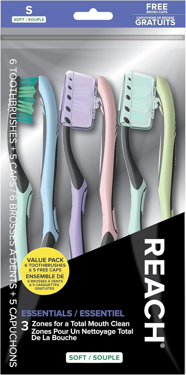 Reach Essentials Soft Toothbrushes with Toothbrush Caps, 6 Count | Multi-zoned angled soft bristles, Contoured handle, Tongue scraper, 2 Caps included