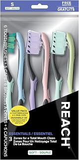 Reach Essentials 6 Pack Soft Toothbrushes with Caps - Angled Multi-Zone Bristles, Contoured Handle, Tongue Scraper