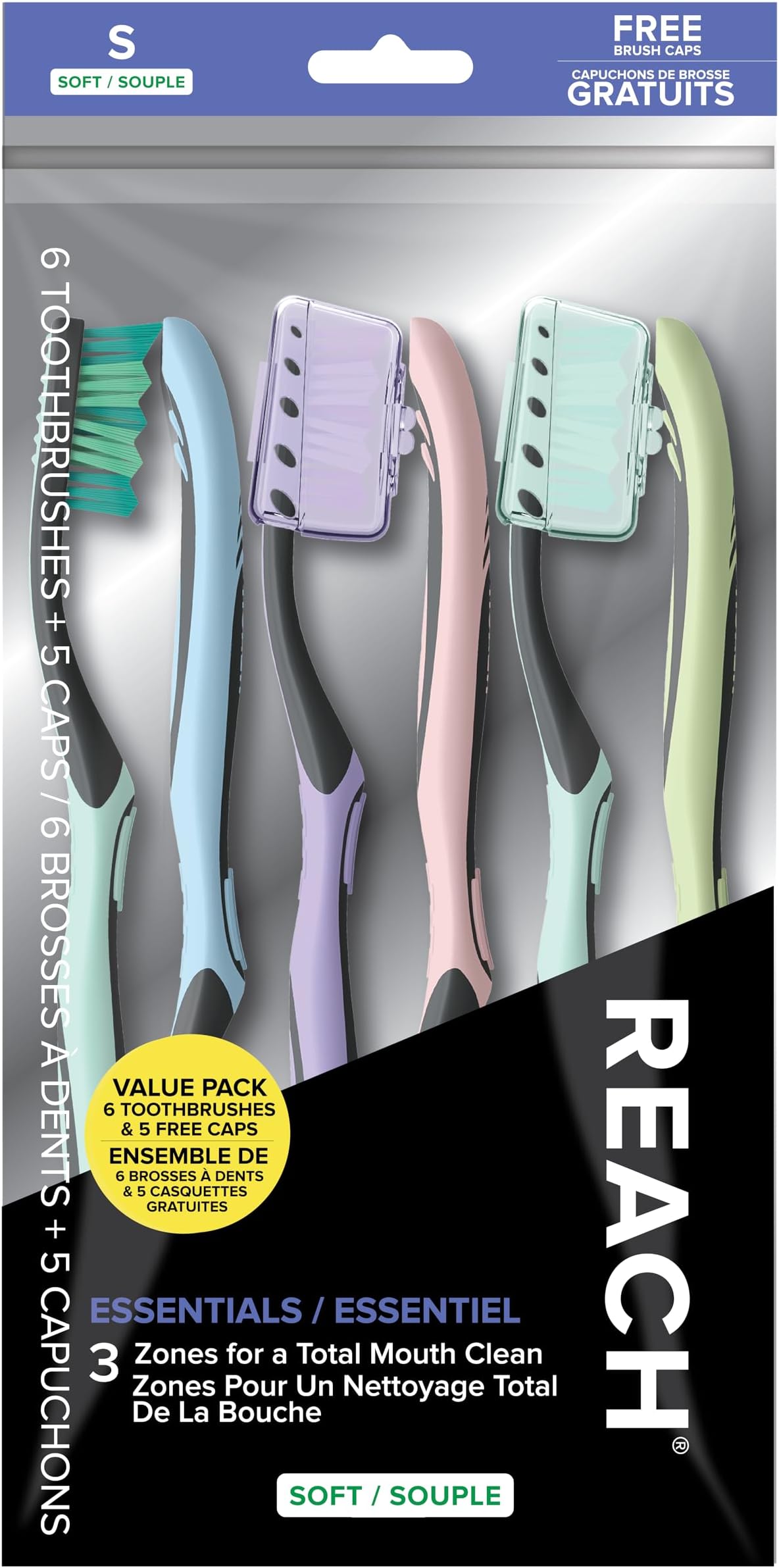 Essentials Toothbrush with Toothbrush Caps, Multi-Zoned Angled Soft Bristles, Contoured Handle, Tongue Scraper, 6 Count
