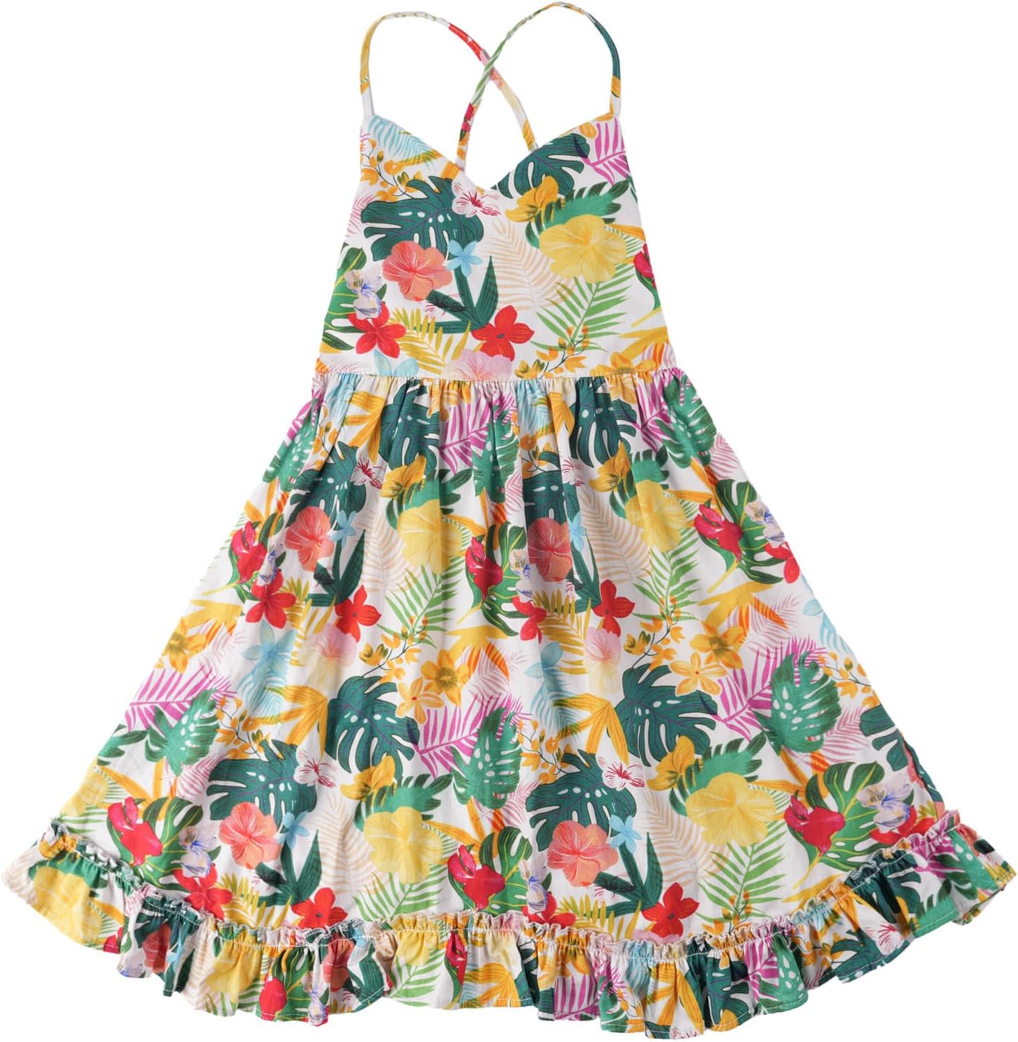 FKKFYY Girls Hawaiian Sundress Tropical Floral Print Cross Back Tie High Low Ruffle Hem Summer Beach Dress for Kids 18M-12Y