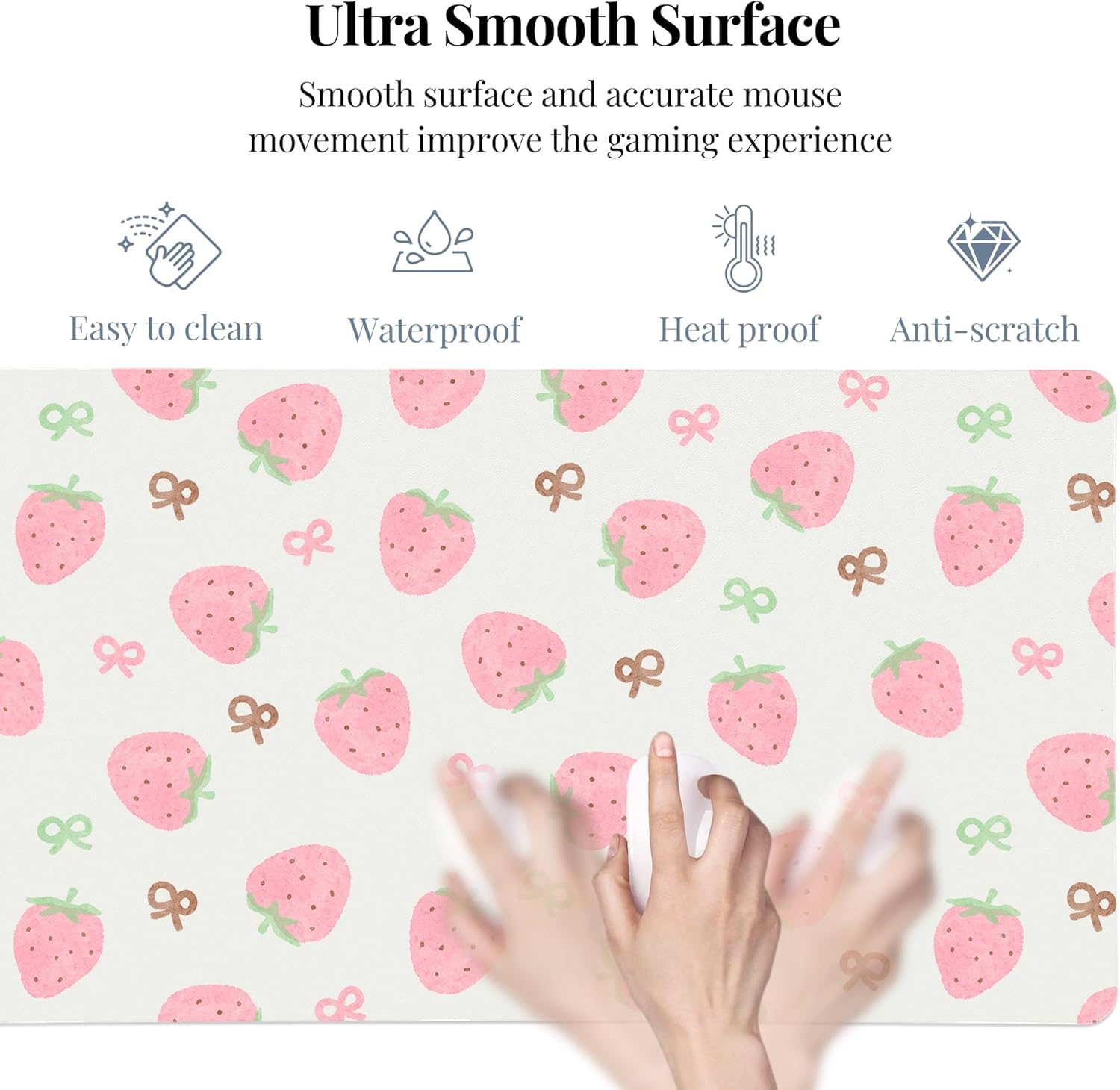 Idocolors Minimalist Pink Strawberry Desk Mat, White Extended Gaming Keyboard Mouse Pad, Large Cute Kawaii Women Office Desk Cover Mat Protector 27.6"x13.8"