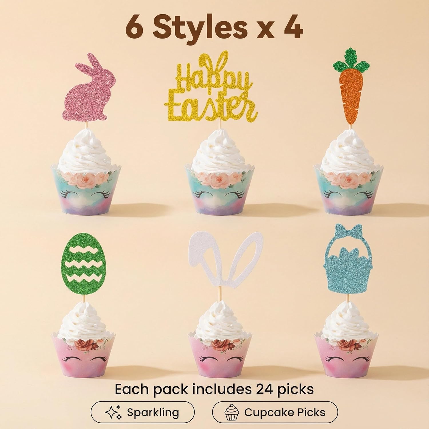 24 Pack Easter Bunny Ear Glitter Cupcake Decorating Inserts suitable for Decorating Cupcakes for Easter Spring Bunny Themed Birthday Parties Baby Showers and Other Occasions (Easter 2)