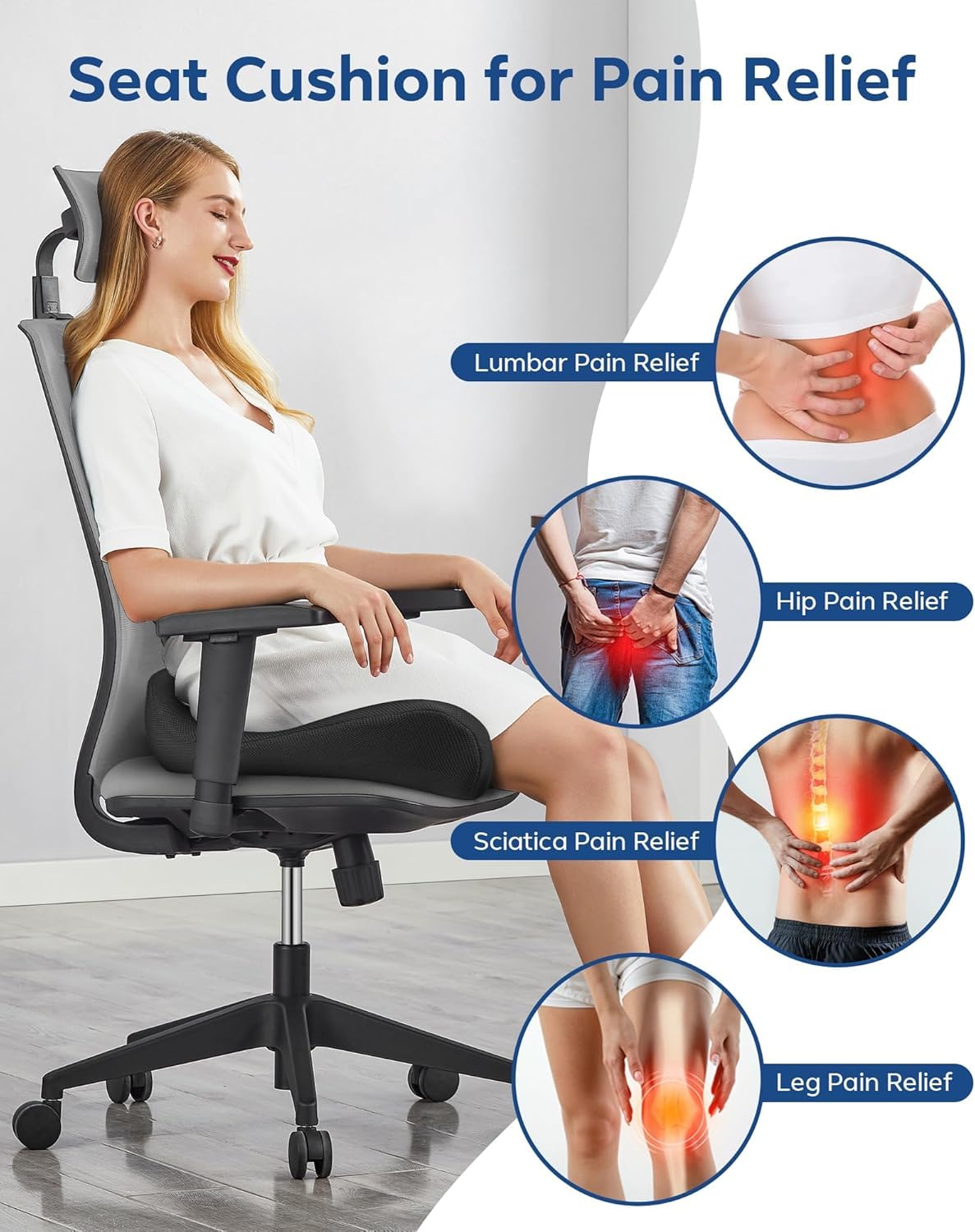 Feagar Office Chair Cushion for Sciatica Tailbone Pain Relief Extra Thick Memory Foam Seat Cushion for Long Sitting — view 2