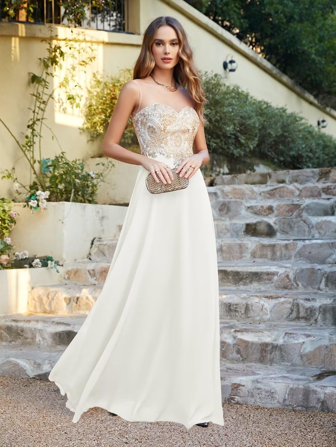 Misshow Robe de Soiree Femme Chic et Glamour Longue Robe de Mariée Ivoire Blanche 38