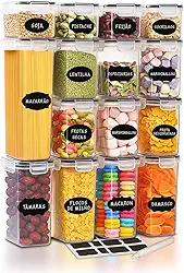 Kit Com 15 Potes Herméticos para Mantimentos, Alimentos, Marmita e Grãos, Plástico PP Transparente com Tampa Easy Lock, para Organização Armário de Cozinha e Casa, Certificado CE e FDA