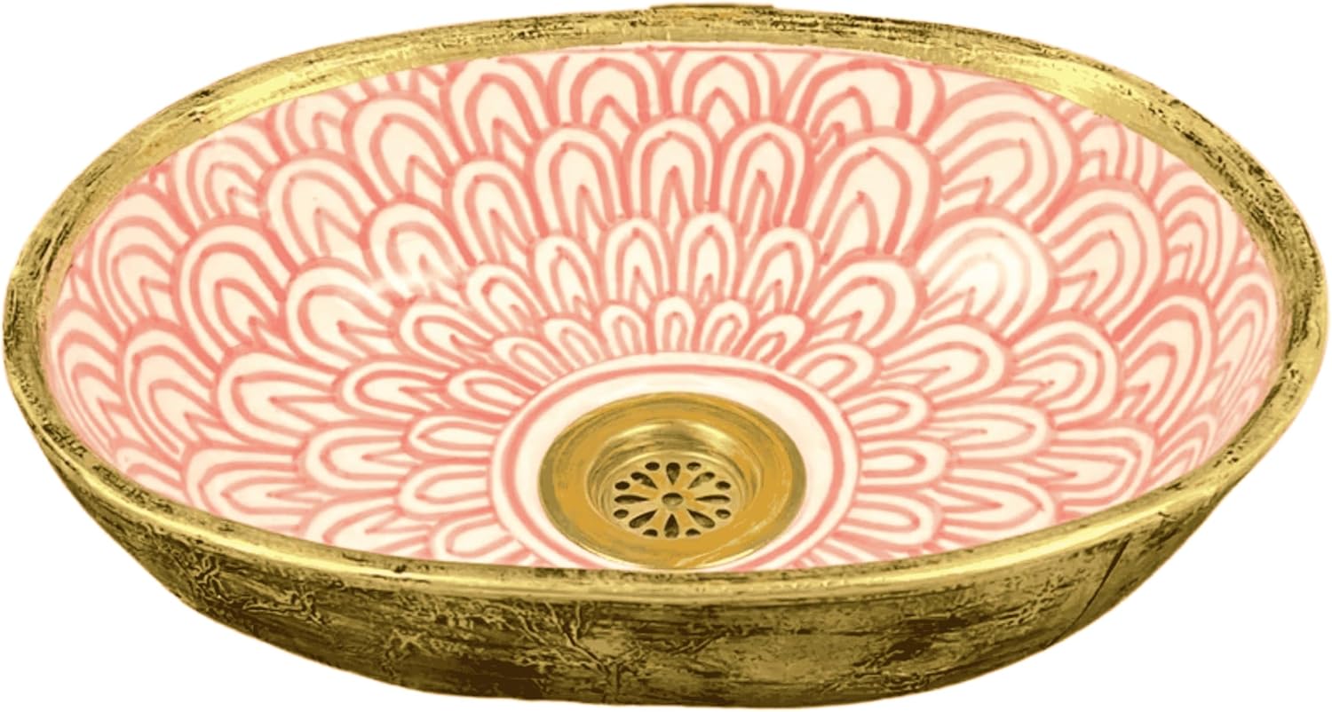 Handmade Oval Ceramic Sink with Brass – Pink Moroccan Vessel Bathroom Basin (Yellow, 40x30cm = 16x12in)