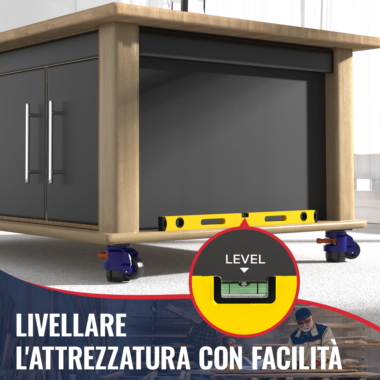 Ruote di Livellamento con Design del Manico a Cricchetto - Capacità di Carico 1200 kg - Altezza Totale 107-114 mm - Ruote Girevoli ruote industriali per banchi da lavoro, mobili pesanti