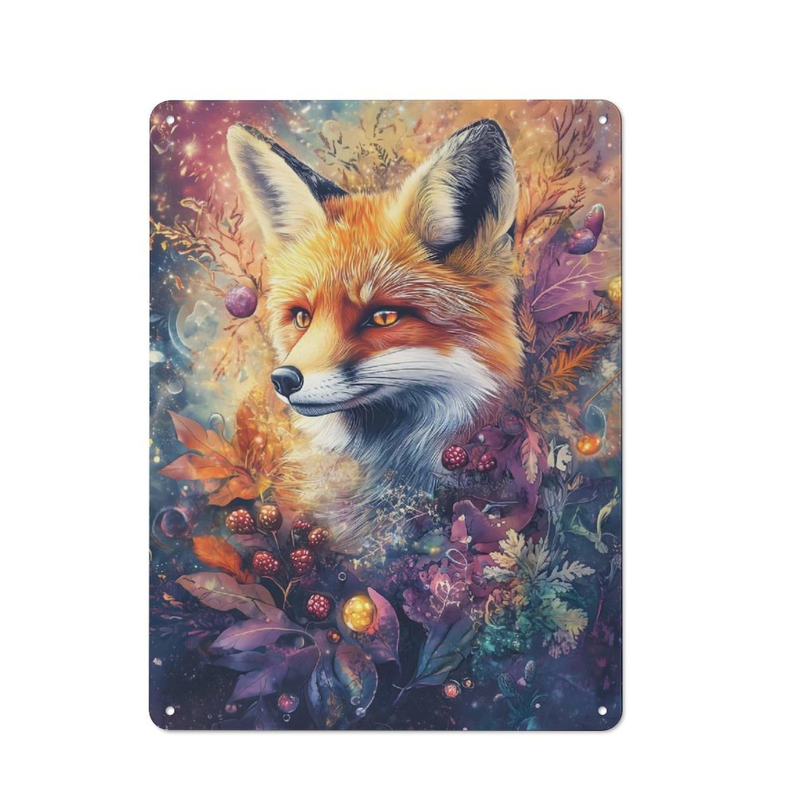 Whimsical Fox with Flowers And Berries – Vibrant Digital Airbrush Art Vintage Metal Sign 40x30cm for Hobby Room Or Studio, Housewarming Present for People Styling Hobby Room And Studio