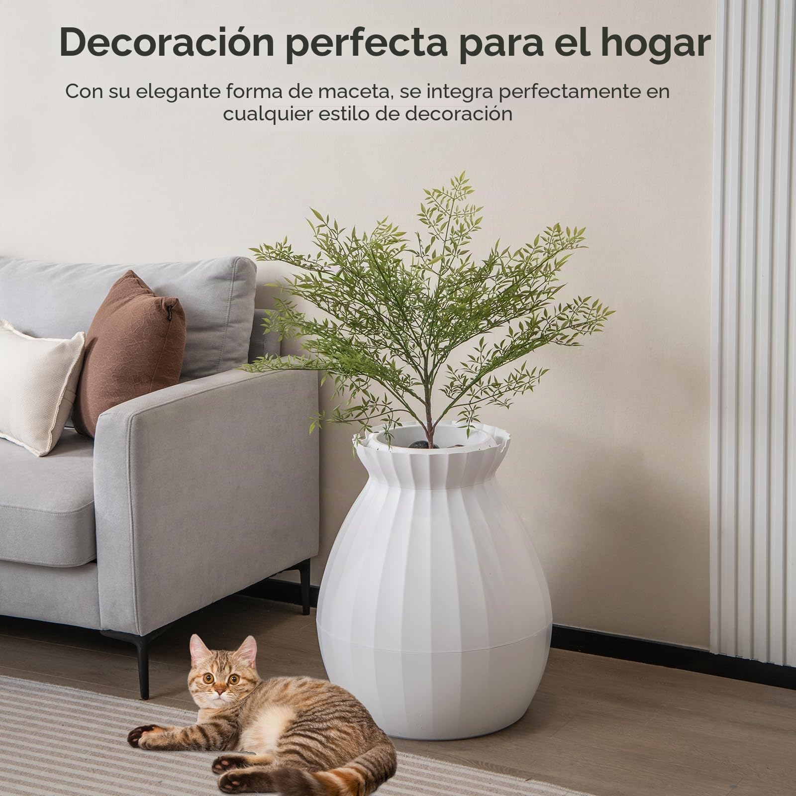 FANTASK Inodoro para Gatos 2 en 1, eliminación Inteligente de olores y esterilización con Cortina de Puerta, Estilo Maceta con Planta Artificial, guijarros y Pala
