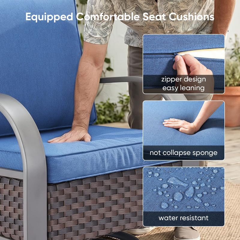 Image of Rilyson 3 Seat Outdoor Wicker Couch, Rattan Patio Sofa with Blue Cushions | Metal Armrest, High Back and Deep Seating, Water-Resistant, Fade-Resistant, Removable Cover, Stain-Resistant