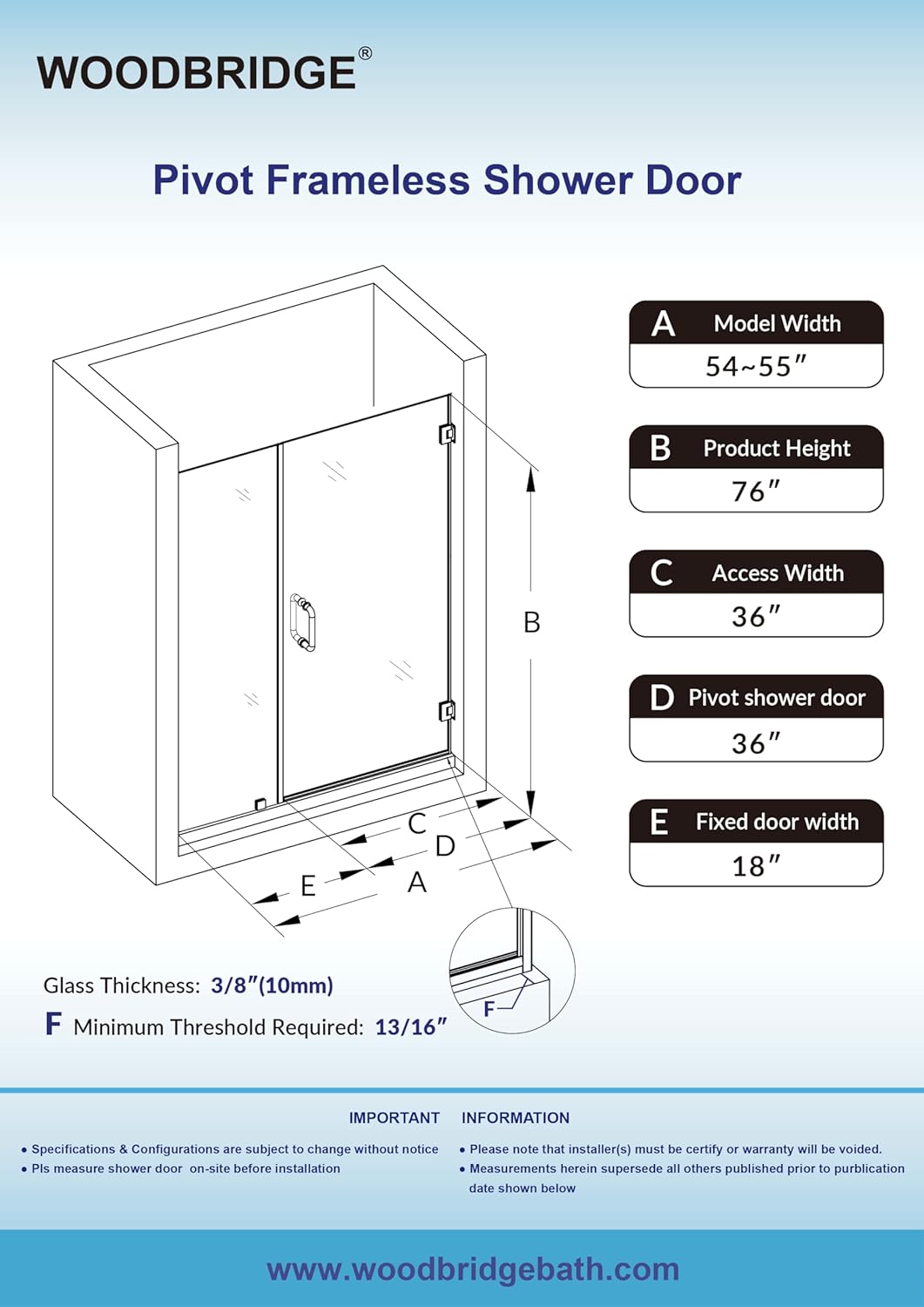 Technical drawing with detailed dimensions for the Pivot Frameless Shower Door