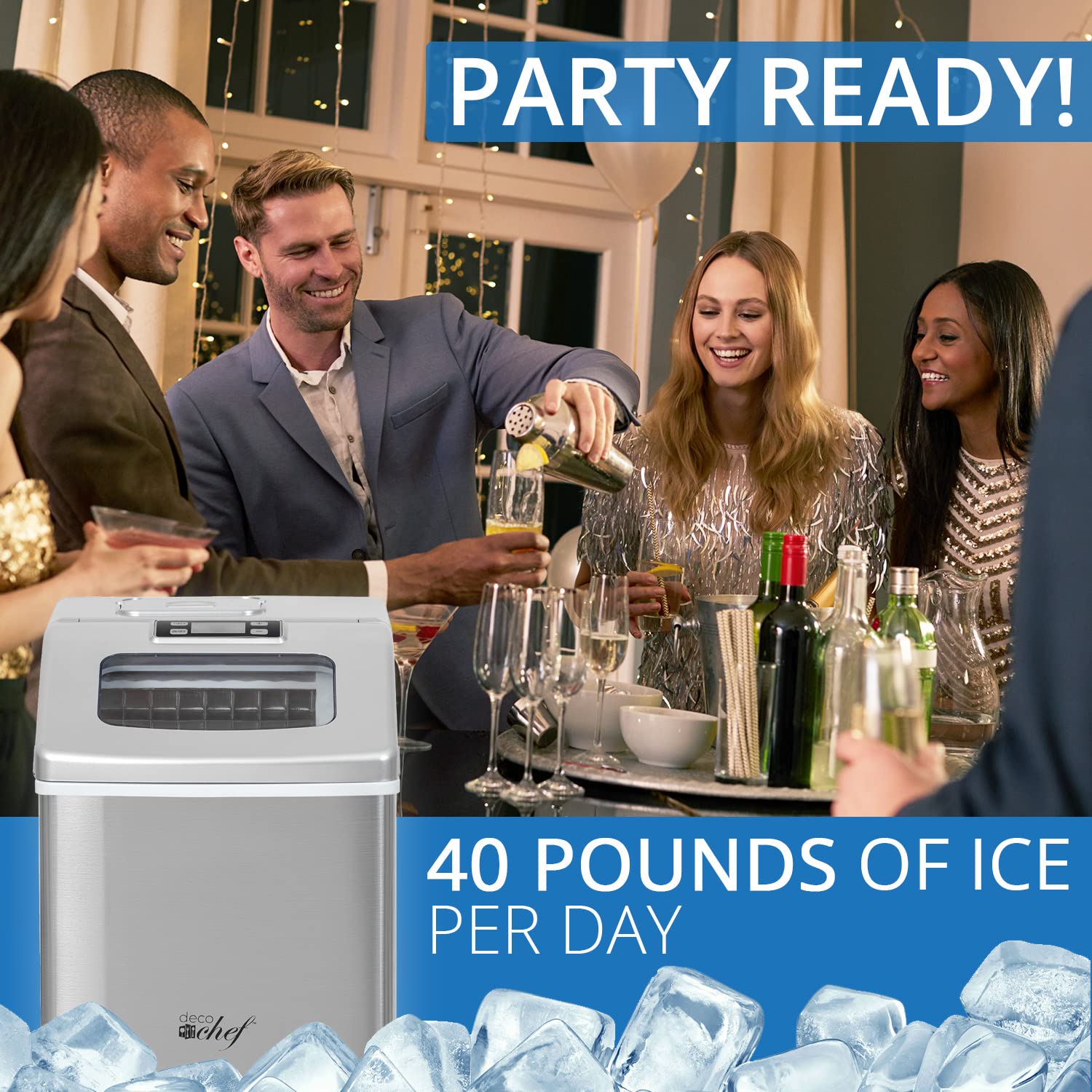 Deco Chef Countertop Ice Maker 40LB/24H, 24 Full Cubes Every 15 Minutes, Adjustable Size, Digital Control and Timer, Self-Cleaning, EZ Access Flip Lid, Scoop Included, Stainless Steel on Fridge.com