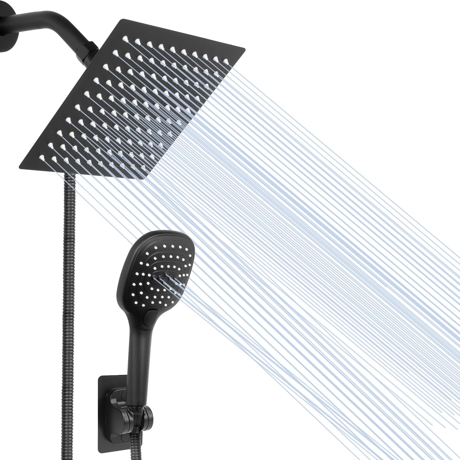 Shower Head with Hose, High Pressure Stainless Steel 8 Inch Rain Showerhead and 3 Settings Handheld Shower Spray Combo with Push Button Flow Control(Square Shower Head Set) (Matte Black)