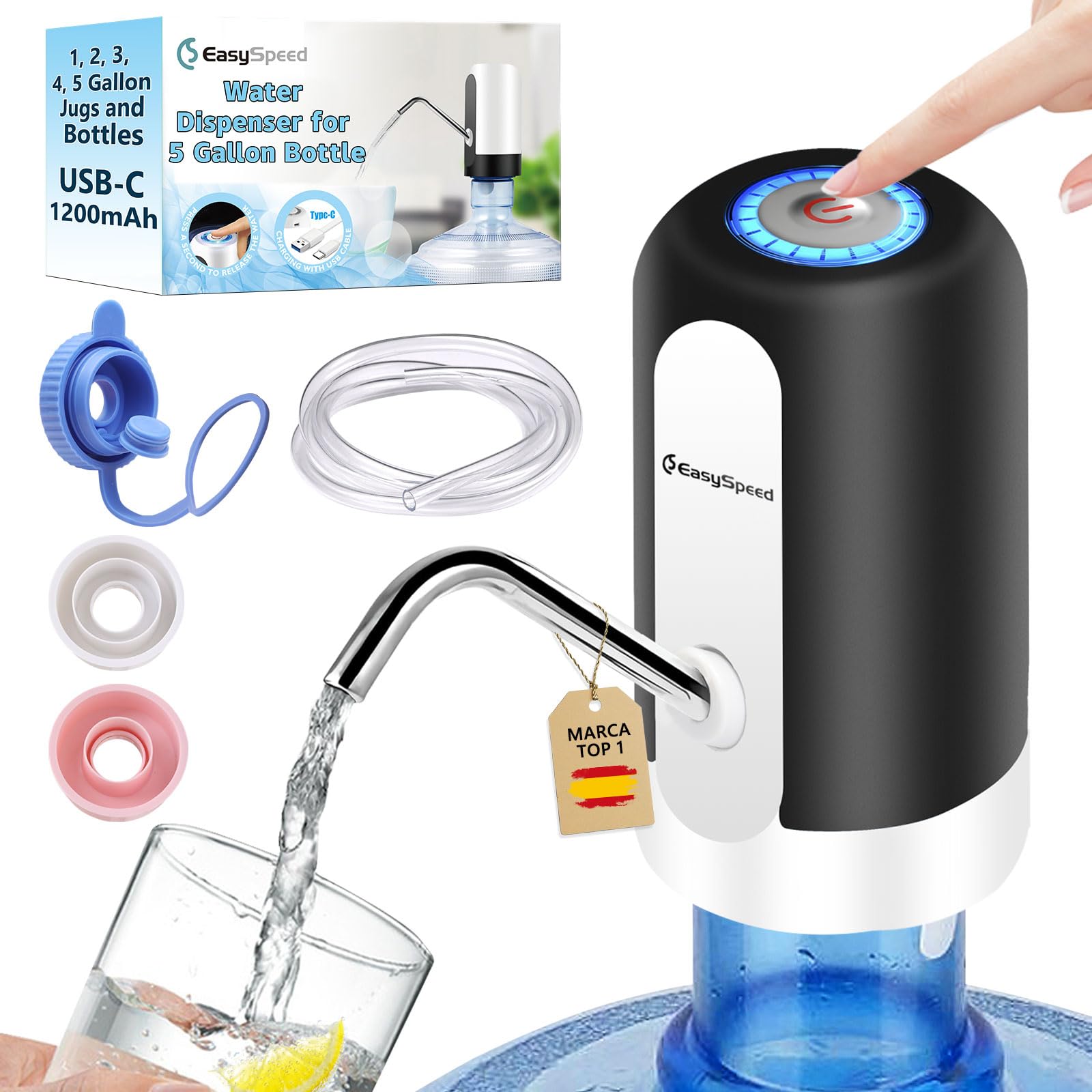 Water Dispenser for 5 Gallon Bottle Portable Electric Water Pump with 3 Adapters USB-C Charging Battery Powered Automatic Drinking Water Dispenser for Camping, Travel, Office,Black-image-40