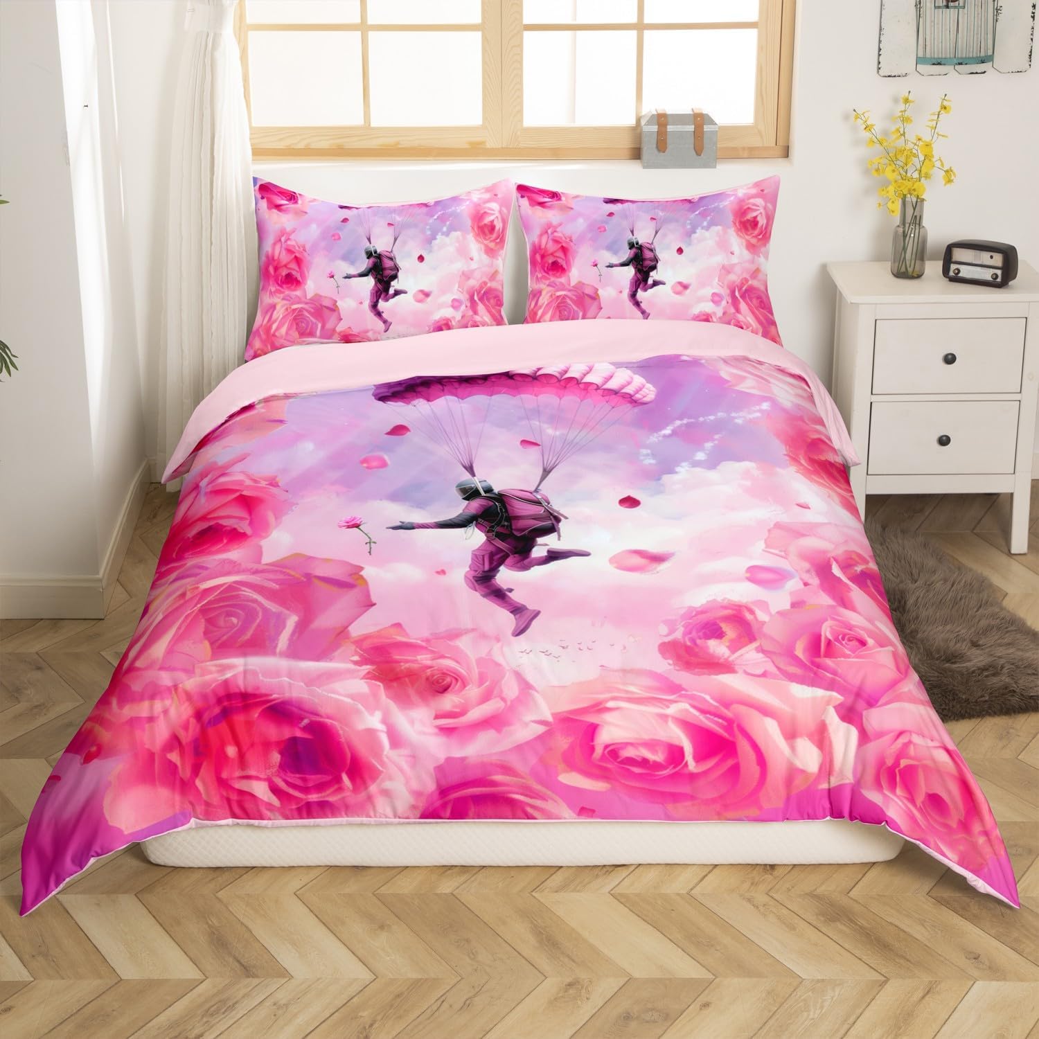 Manfei Parachut Decorations,Pink Rose Flowers Duvet Cover for All Season,Girl Extreme Flying Sports Bedroom Decor Comforter Cover (No Filler) Full Size,3PCS