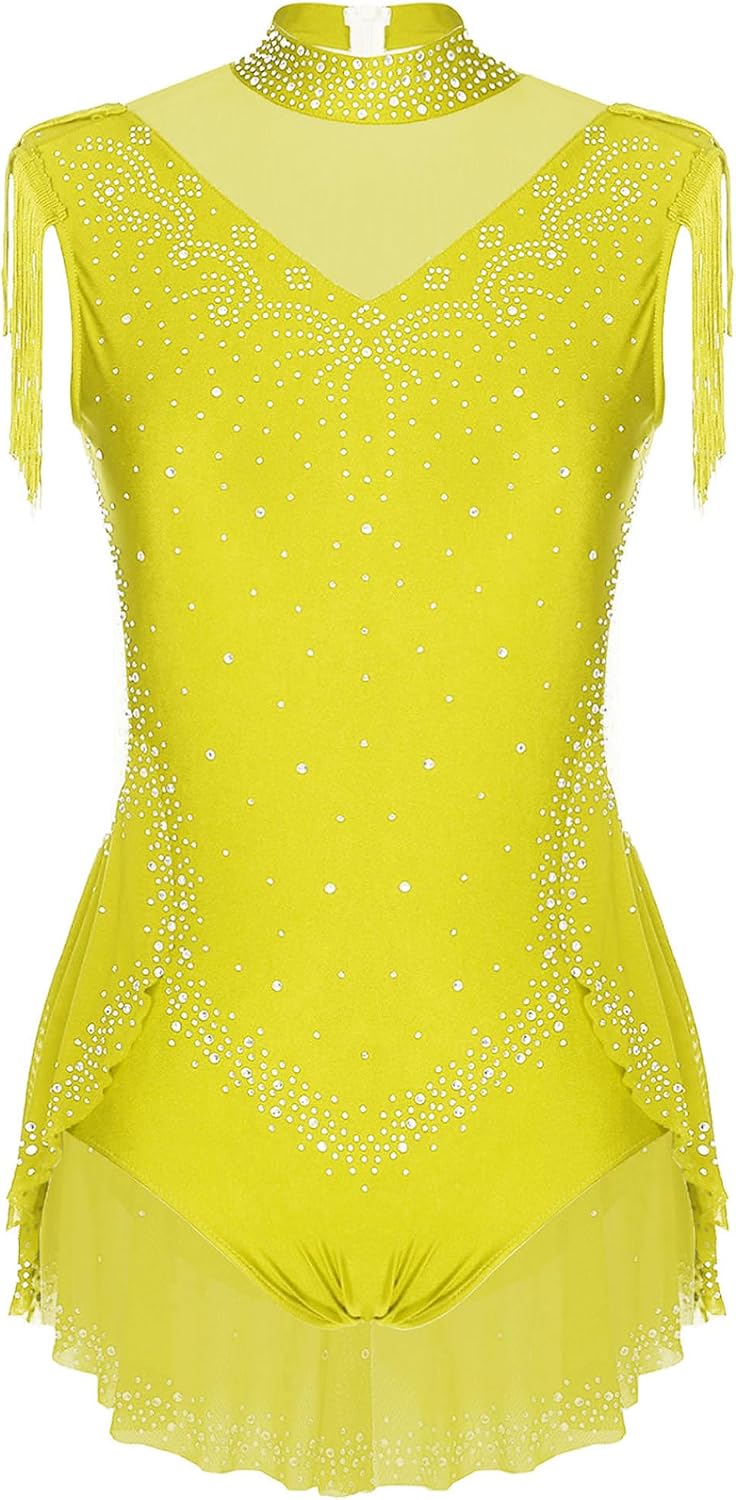 Kids Ballet Ice Skating Leotard Shimmer Rhinestones Tassel Skirted Bodysuit Zipper Back for Recitals Competitions