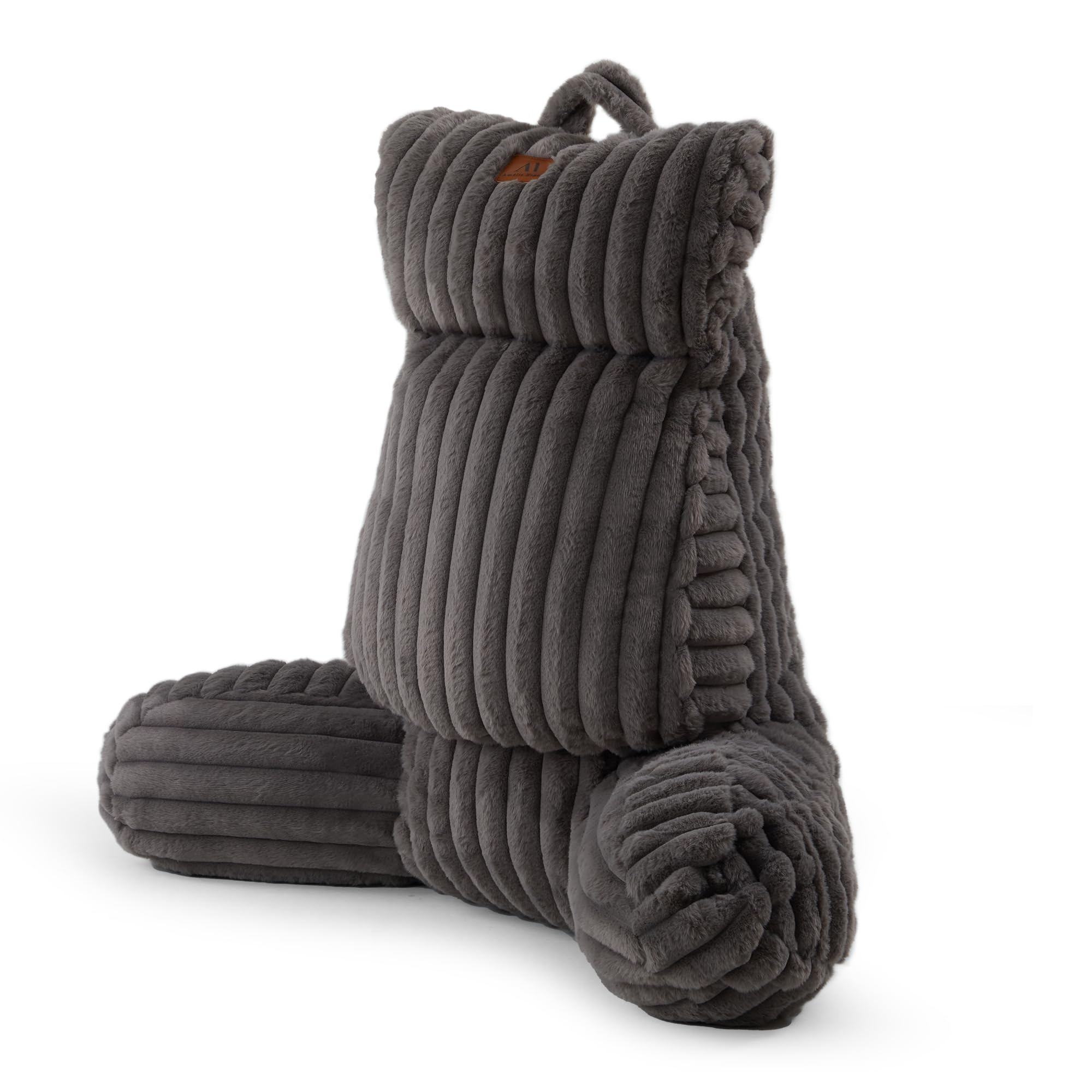 Amélie Home Faux Fur Reading Pillow with Pocket for Sitting in Bed, Adult Backrest Bed Pillow with Washable Cover for Lounging, Study & Relaxing, Grey 29 inches